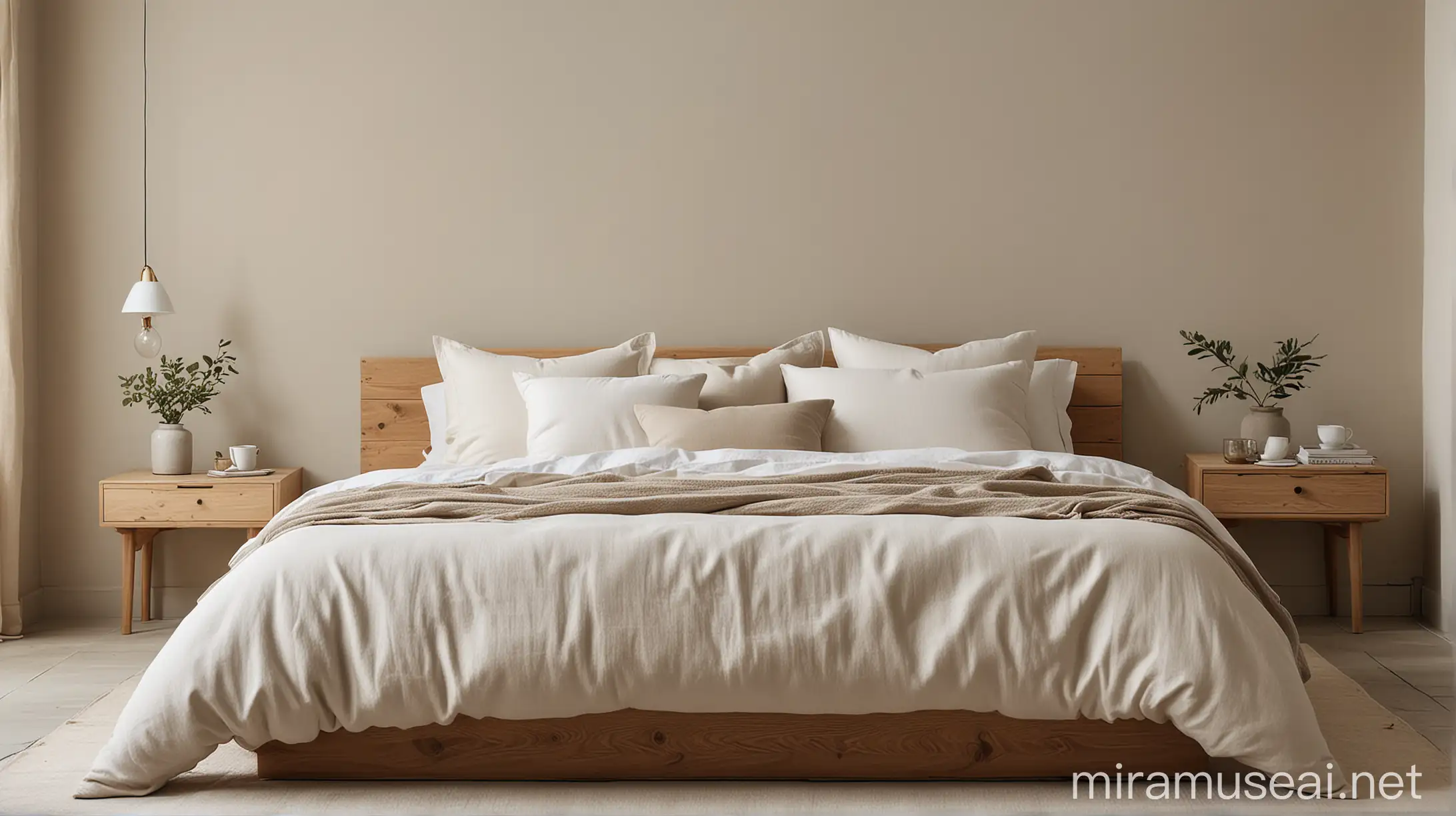 A bedroom with a simple, minimalist design, featuring a bed with a white linen duvet and a collection of muted-toned pillows. The room is painted in a soft, neutral color.