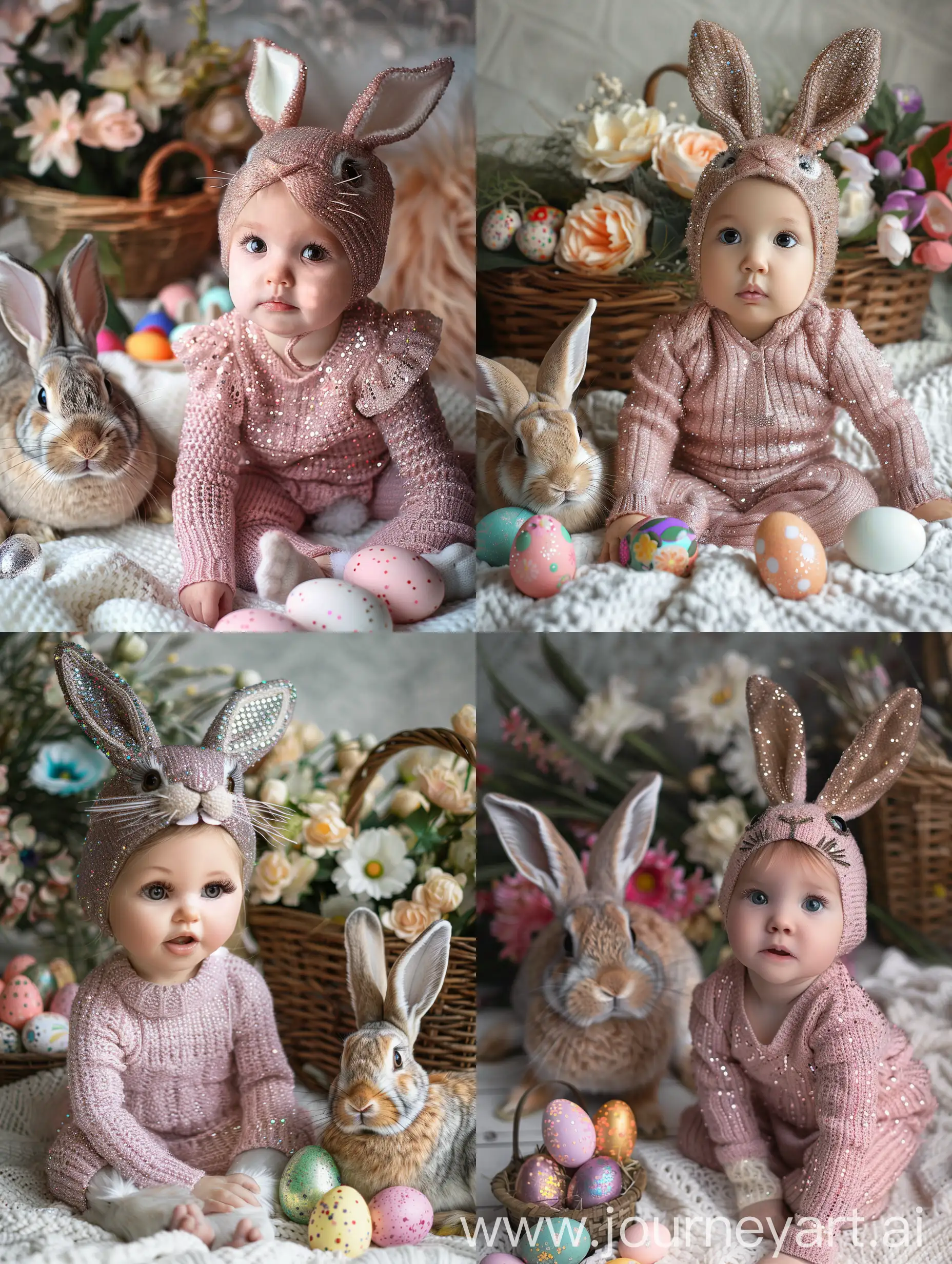 Portrait macrosiemska face A small child in a knitted pink costume with sequins, eyes with big eyelashes, chubby lips in a cap with knitted hare ears forehead open sits on a white blanket, next to sits a live rabbit, the face is clearly visible, macrosbemka looking directly into the camera, next to lie colorful Easter eggs, a basket of flowers, detail, hyperrealism close-up, colors are delicate, aesthetics, daylight , canon photo