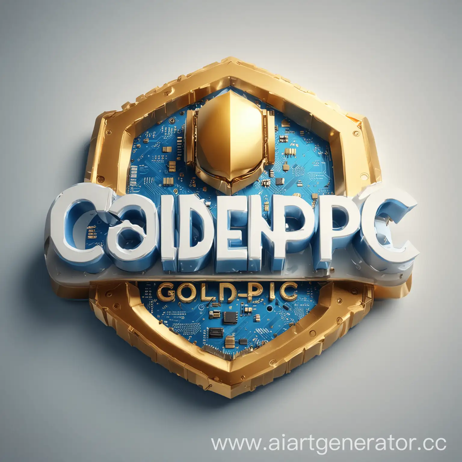 логотип для компании с названием GoldenPC которая занимается компьютерной техникой на белом фоне в золотистом и синем цветах