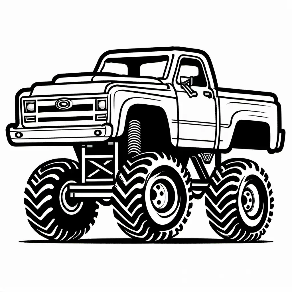 monster Truck, Coloring Page, black and white, line art, white background, Simplicity, Ample White Space. The background of the coloring page is plain white to make it easy for young children to color within the lines. The outlines of all the subjects are easy to distinguish, making it simple for kids to color without too much difficulty