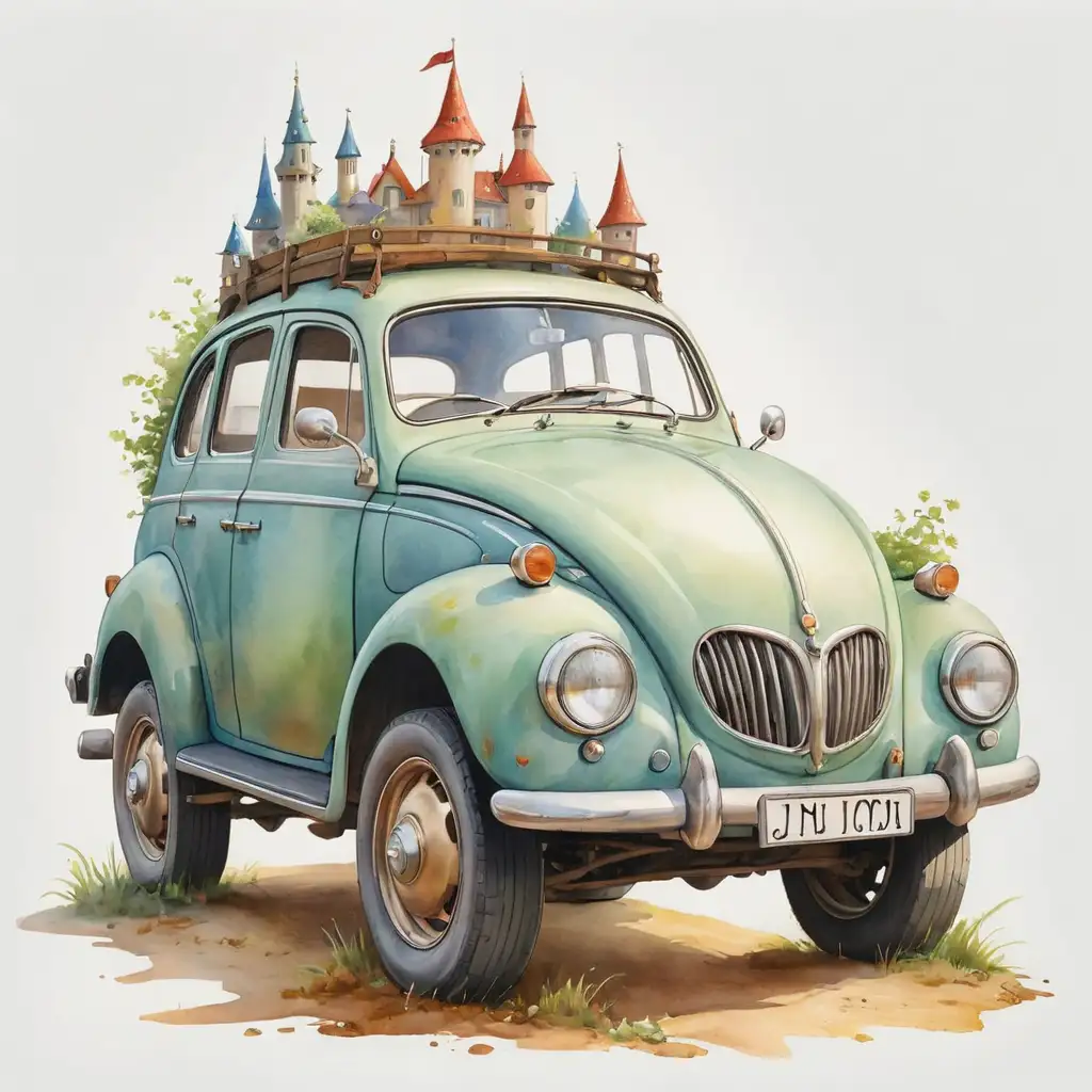 realistická ilustrace, akvarel ilustrace, pohádkové kouzelné autíčko, místo kol má nohy, bílé pozadí