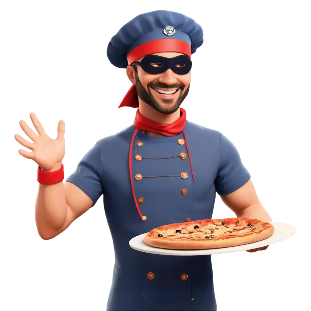 A cartoon of a smiling captain with a hat and blindfold who is cooking a pizza with quality and in logo mode.