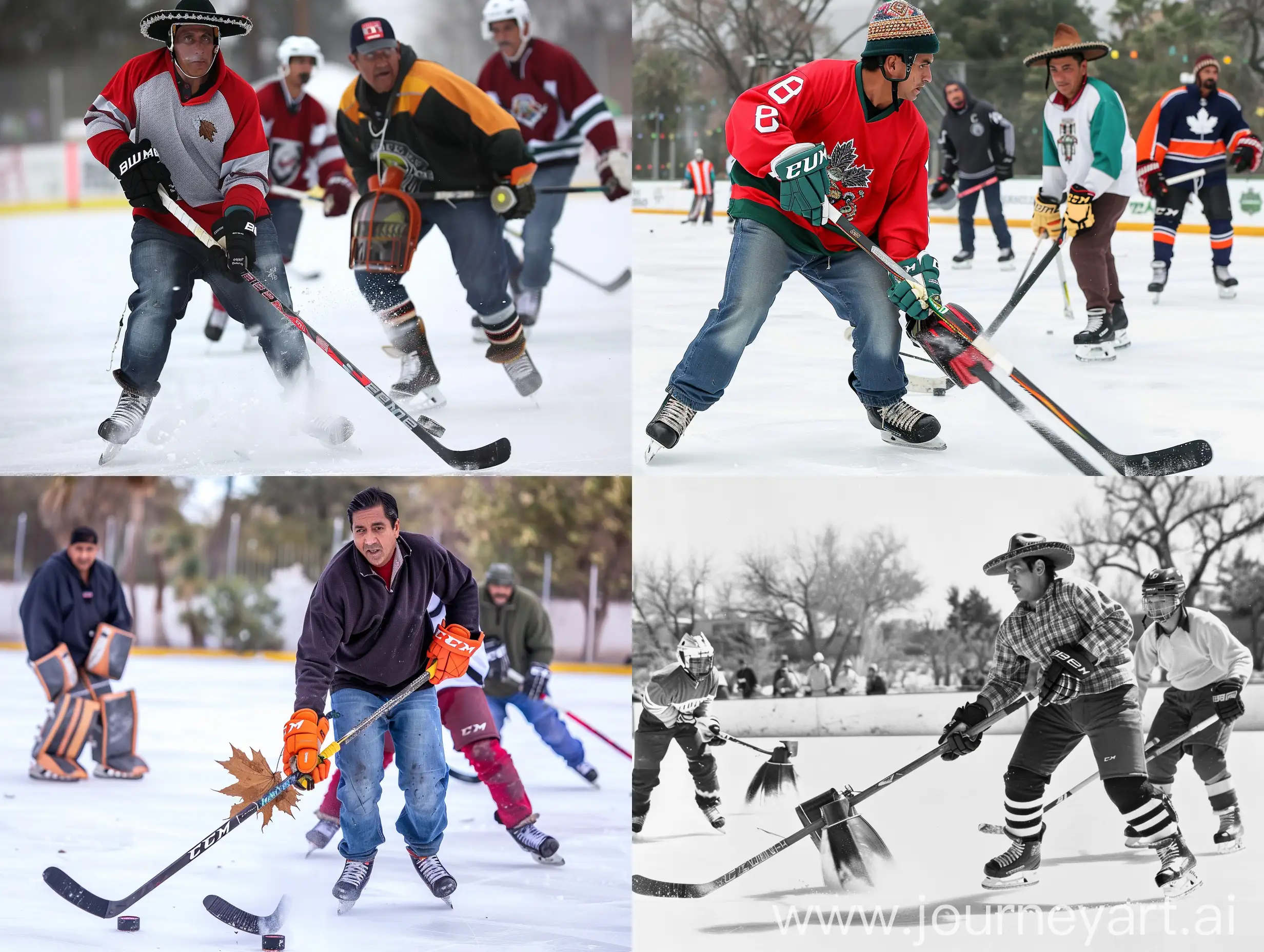 Mexican men playing ice hockey with leaf blowers instead of sticks