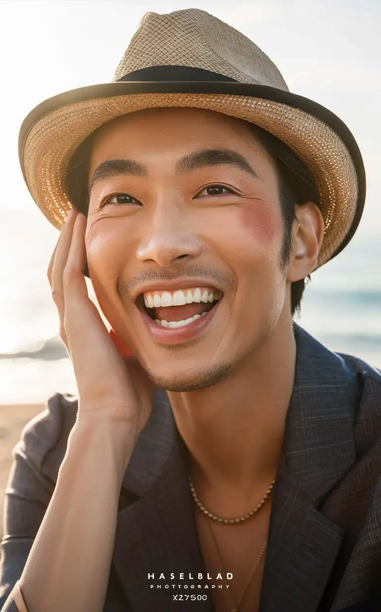 Portrait of a Chinese man, 30 years old, wearing makeup and laughing, with a hat, wearing a summer outfit, with light red blusher, in a close-up shot, with sunlight, outdoors, in soft light, against a beach background, looking at the camera, with high resolution photography, in the style of Hasselblad X2D50c