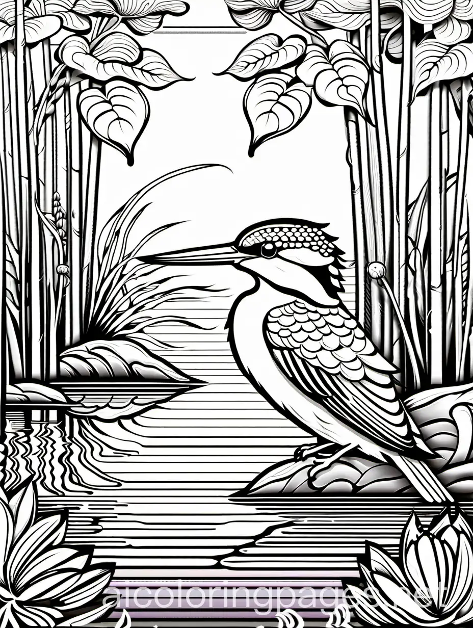 a kingfisher bird at a pond with waterlilies, trees in the background, by Arthur Rackham, highly detailed, elegant, intricate, very attractive, beautiful, high definition, crisp quality, Coloring Page, black and white, line art, white background, Simplicity, Ample White Space. The background of the coloring page is plain white to make it easy for young children to color within the lines. The outlines of all the subjects are easy to distinguish, making it simple for kids to color without too much difficulty