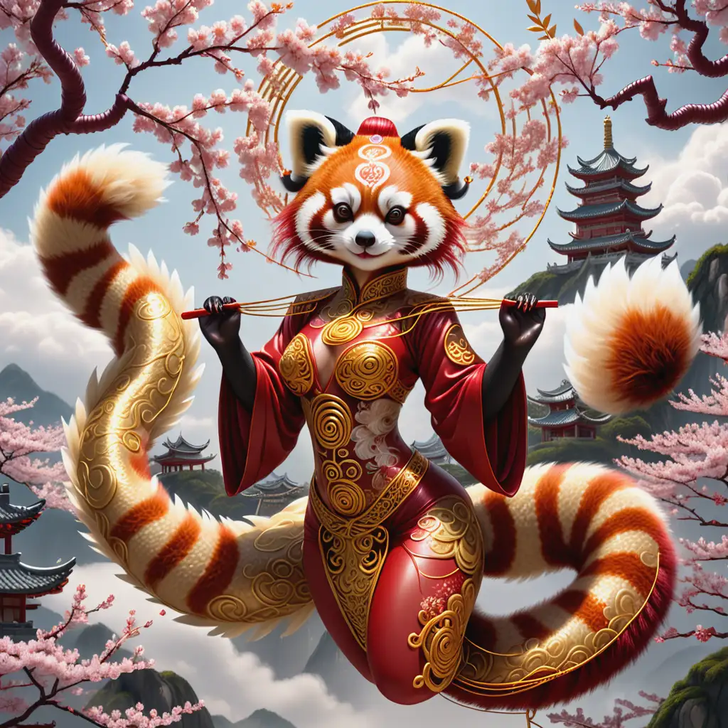 Oriental Red Panda Lady with 9 Tails in Golden Wire Lace Amidst Cherry Blossoms and Cloud Dragon Smiles