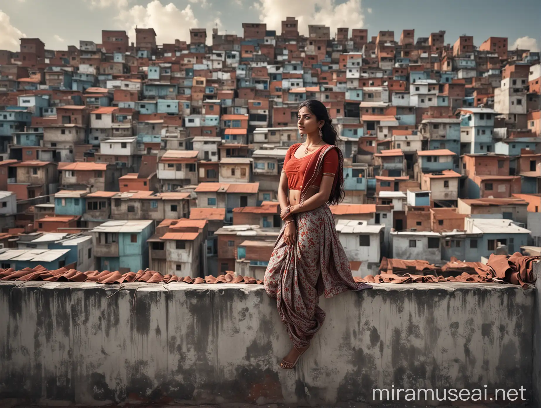 A indian beautiful women standing on roof of her house near a wall and behind many buildings visible, hyper realistic
