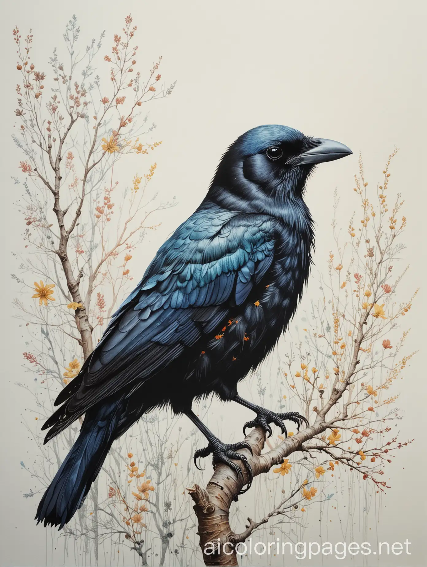 A very pretty crow, art by Lin Fengmian, Anna dittmann, Justin Gaffrey, John Lowrie Morrison, Patty Maher, John Ruskin, Chris Friel, van Gogh, Valerie Hegarty, endre penovac. 3d, soft colors watercolors and ink, beautiful, fantastic view, extremely detailed, intricate, best quality, highest definition, rich colours., Coloring Page, black and white, line art, white background, Simplicity, Ample White Space. The background of the coloring page is plain white to make it easy for young children to color within the lines. The outlines of all the subjects are easy to distinguish, making it simple for kids to color without too much difficulty