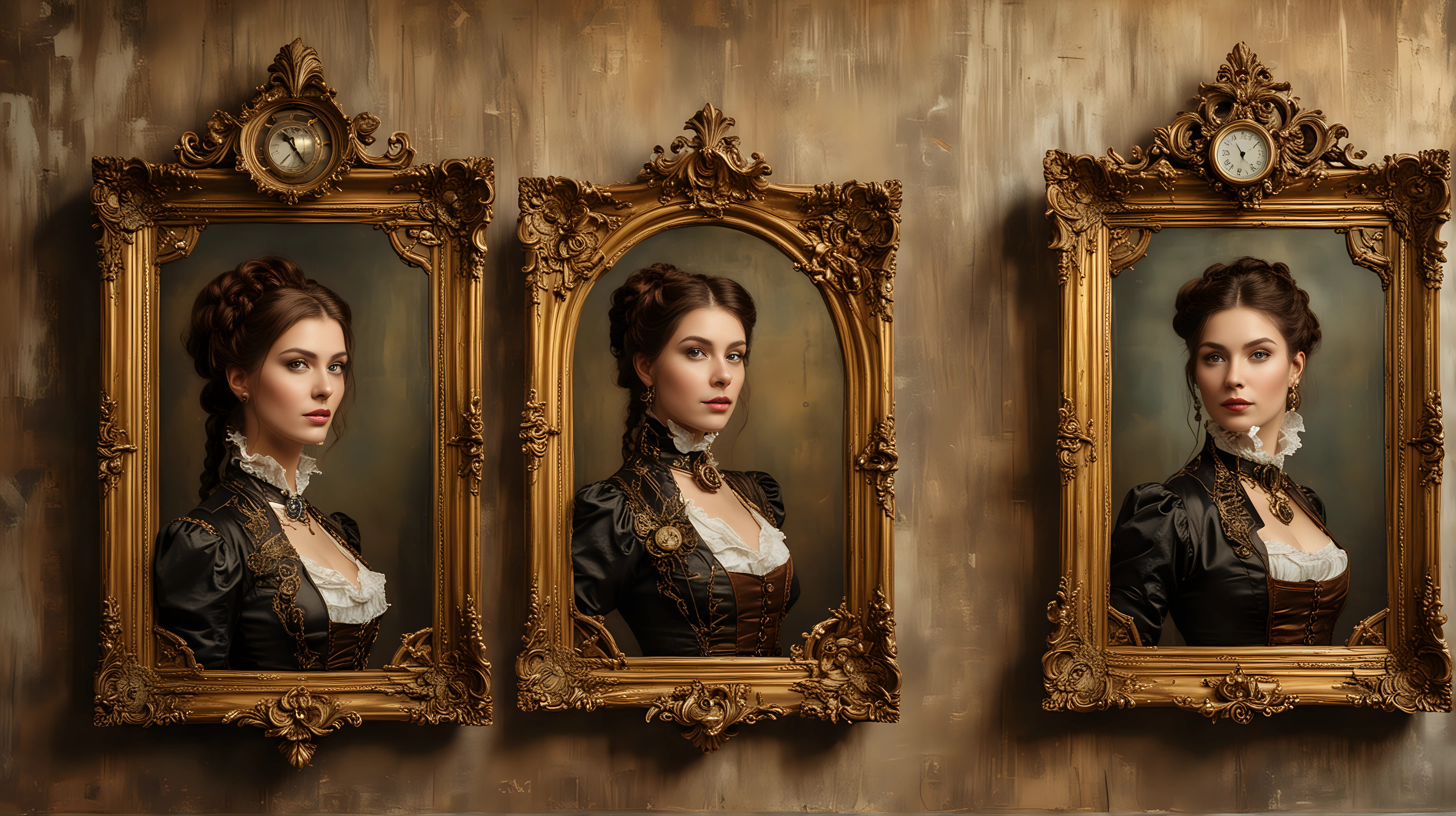 three portaits of steampunk noble women in old golden frames on the wall
