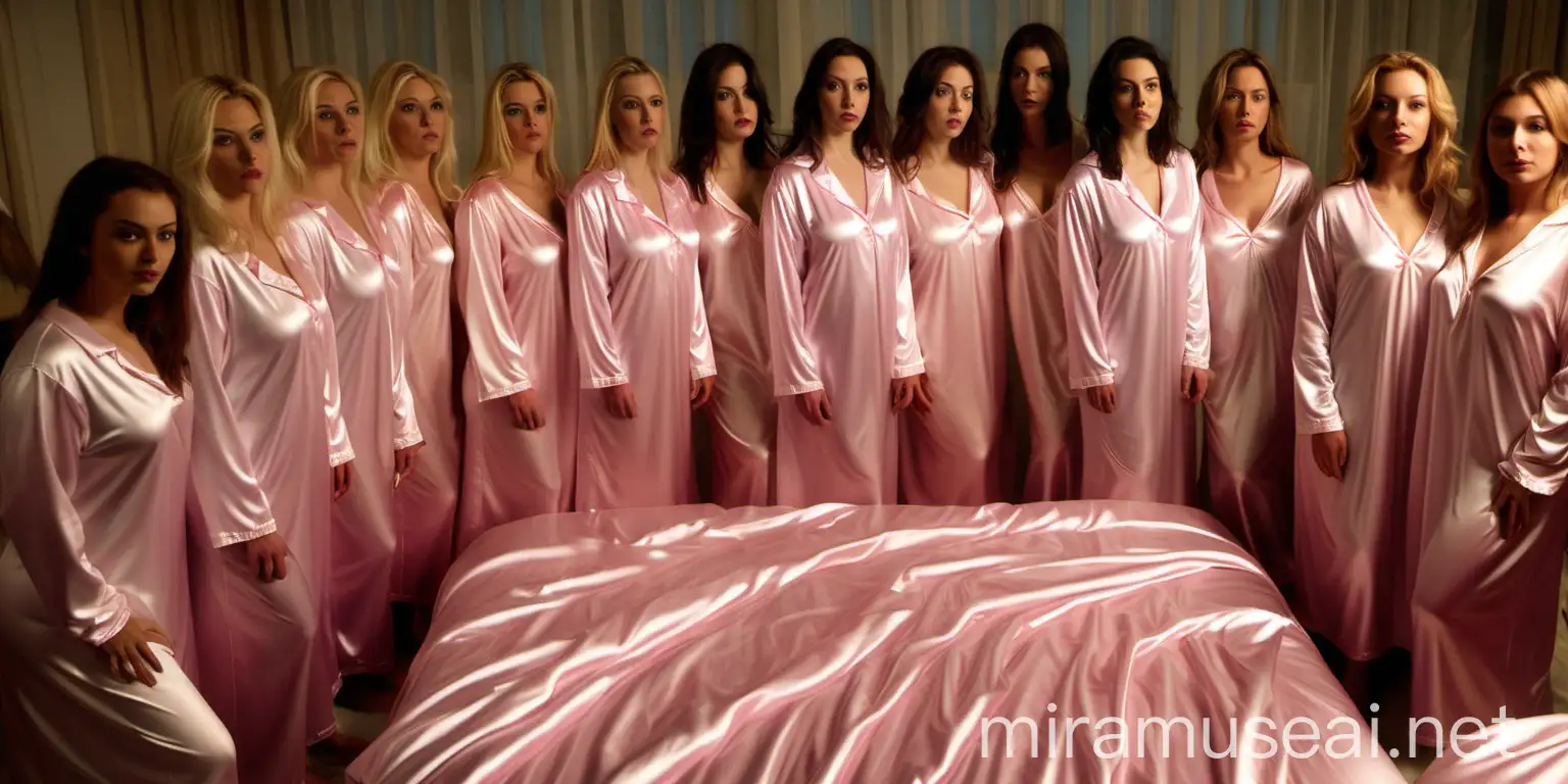 100 women in  milky satin nightgowns stand in 10 rows on a giant satin bed and look at you