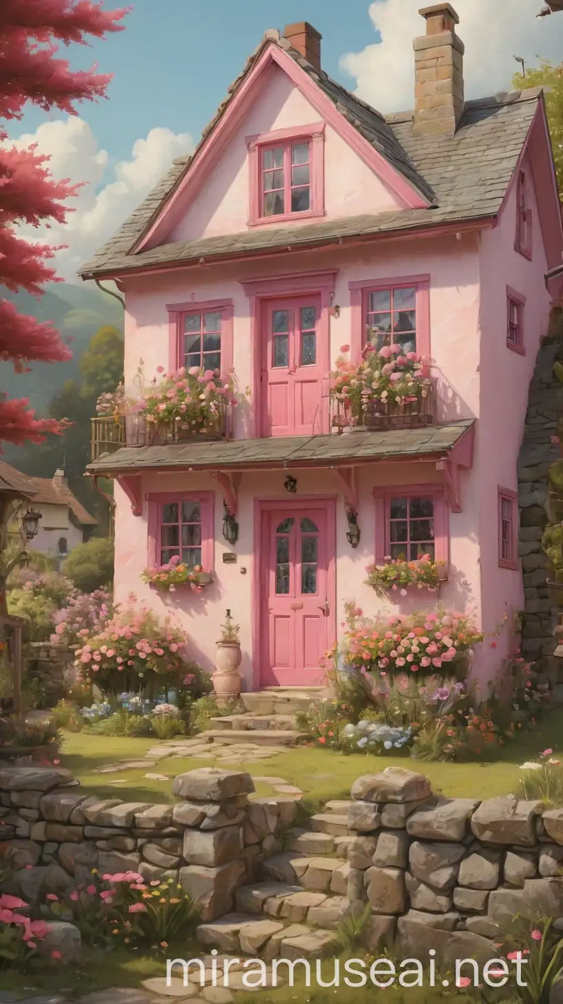 Idyllic Cottage with Pink Door and Window in a Flowery Village Setting