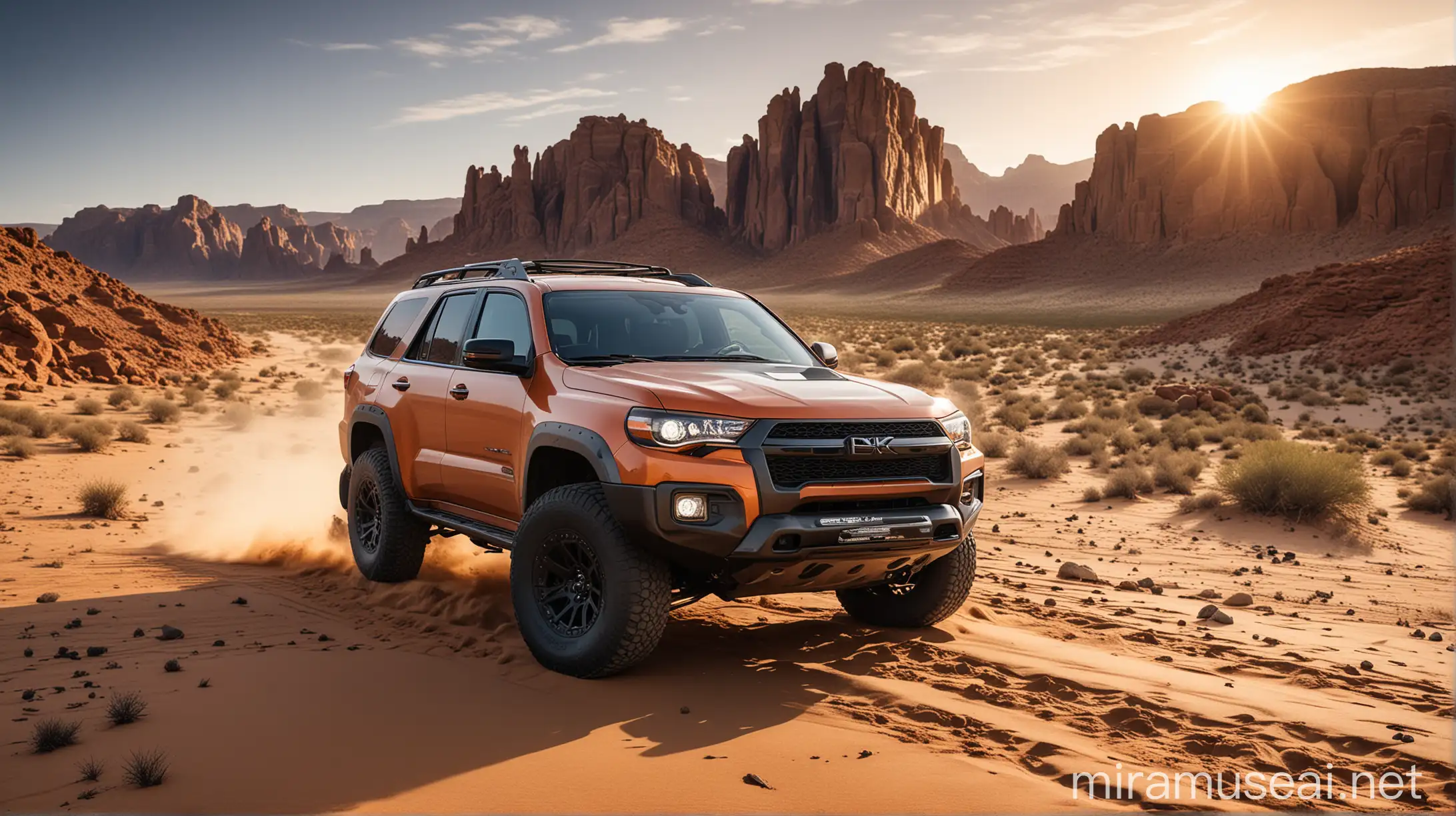 Bold SUV OffRoad Vehicle Conquering Desert Terrain at Sunrise