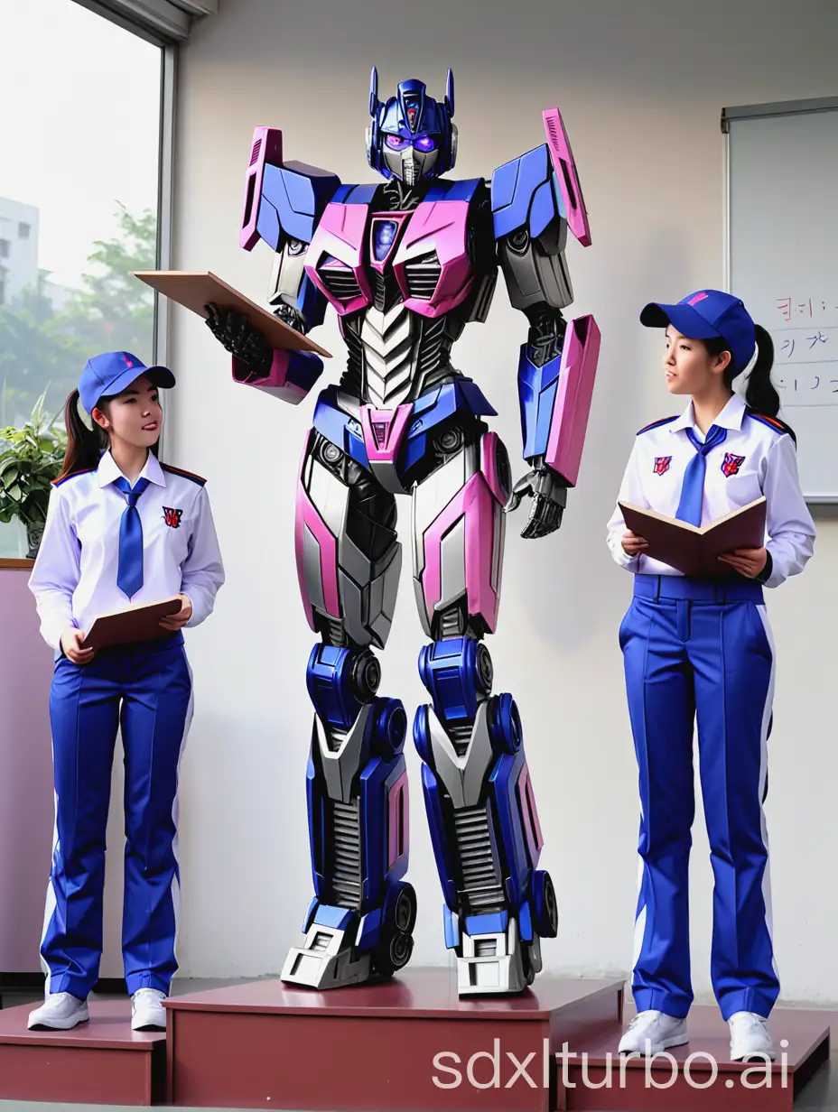 female transformers, on the podium, wearing uniforms, teaching students