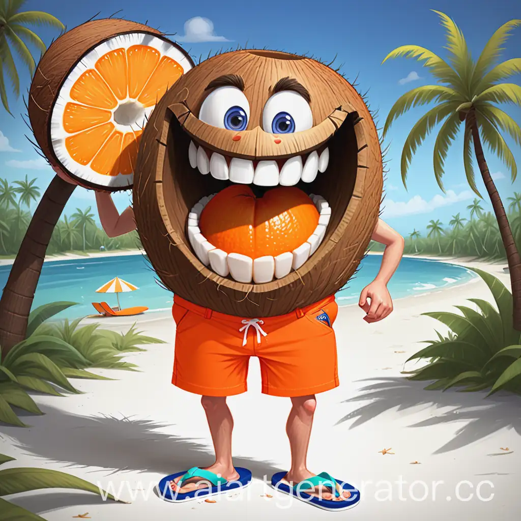 Милый кокос, с большими классными зубами, оранжевыми шортами и классных шлёпанцах