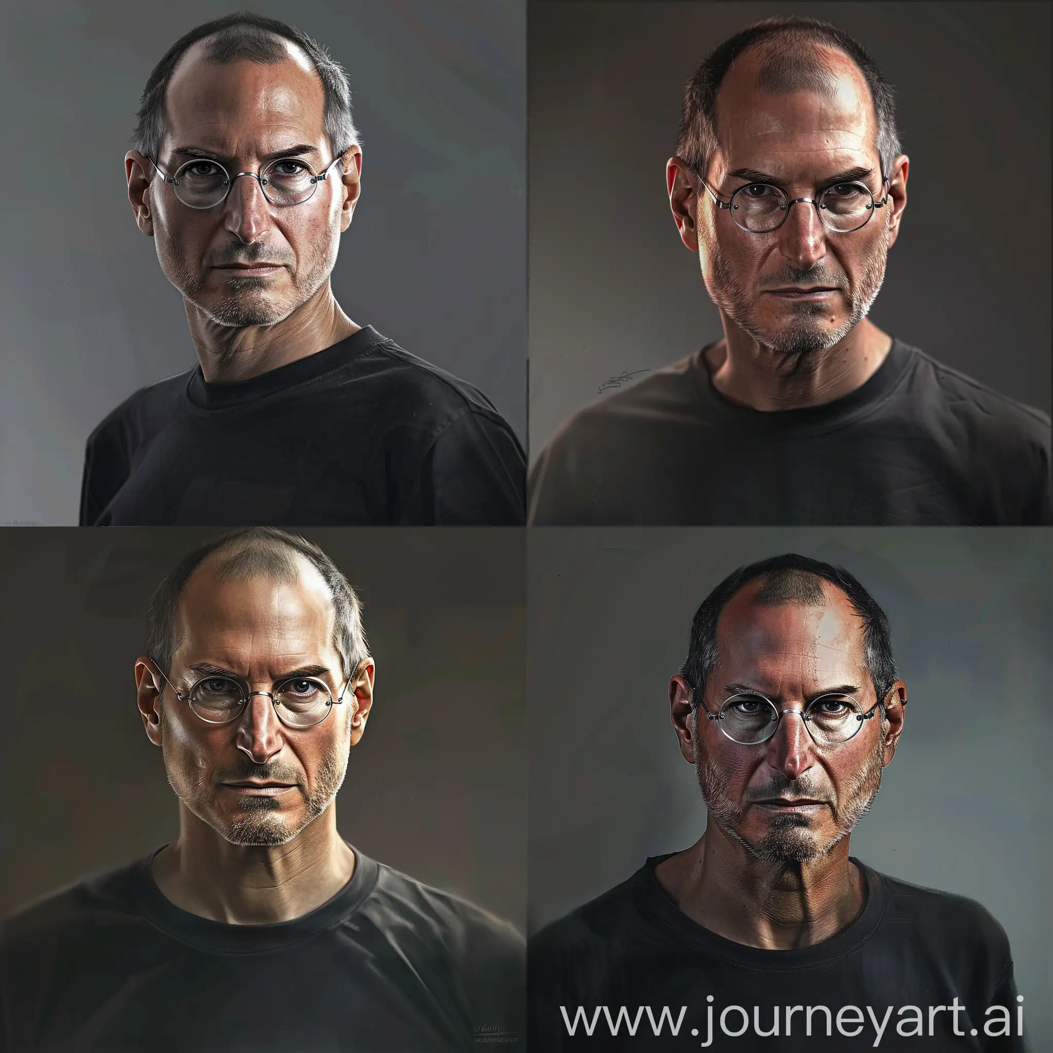 "Créez une image d'un portrait hyper-réaliste de Steve Jobs en gros plan, regardant directement vers le spectateur, portant un tee-shirt noir. Assurez-vous que le visage de Steve Jobs est capturé avec une grande précision et que l' l'expression faciale reflète sa détermination et son charisme. Le cadrage doit être centré et mettre en évidence les traits distinctifs de Steve Jobs, tels que ses lunettes et sa calvitie reconnaissable. des reflets subtils pour ajouter du réalisme à l'image."

