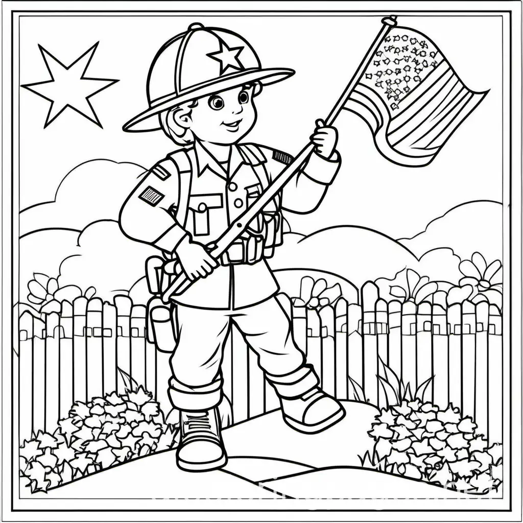 memorial day, Coloring Page, black and white, line art, white background, Simplicity, Ample White Space. The background of the coloring page is plain white to make it easy for young children to color within the lines. The outlines of all the subjects are easy to distinguish, making it simple for kids to color without too much difficulty