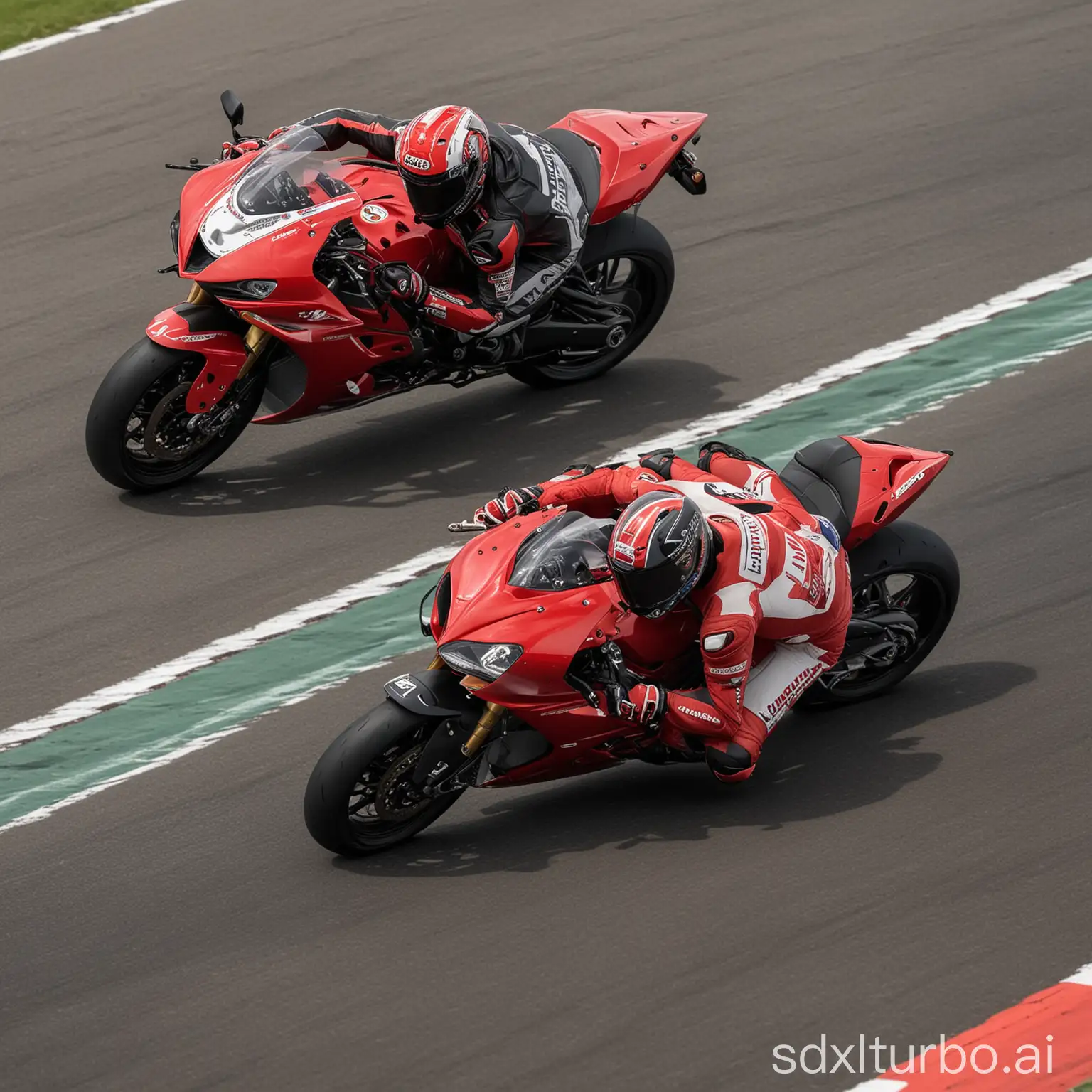 A black Jaguar runs next to a red Ducati Superbike on the racetrack