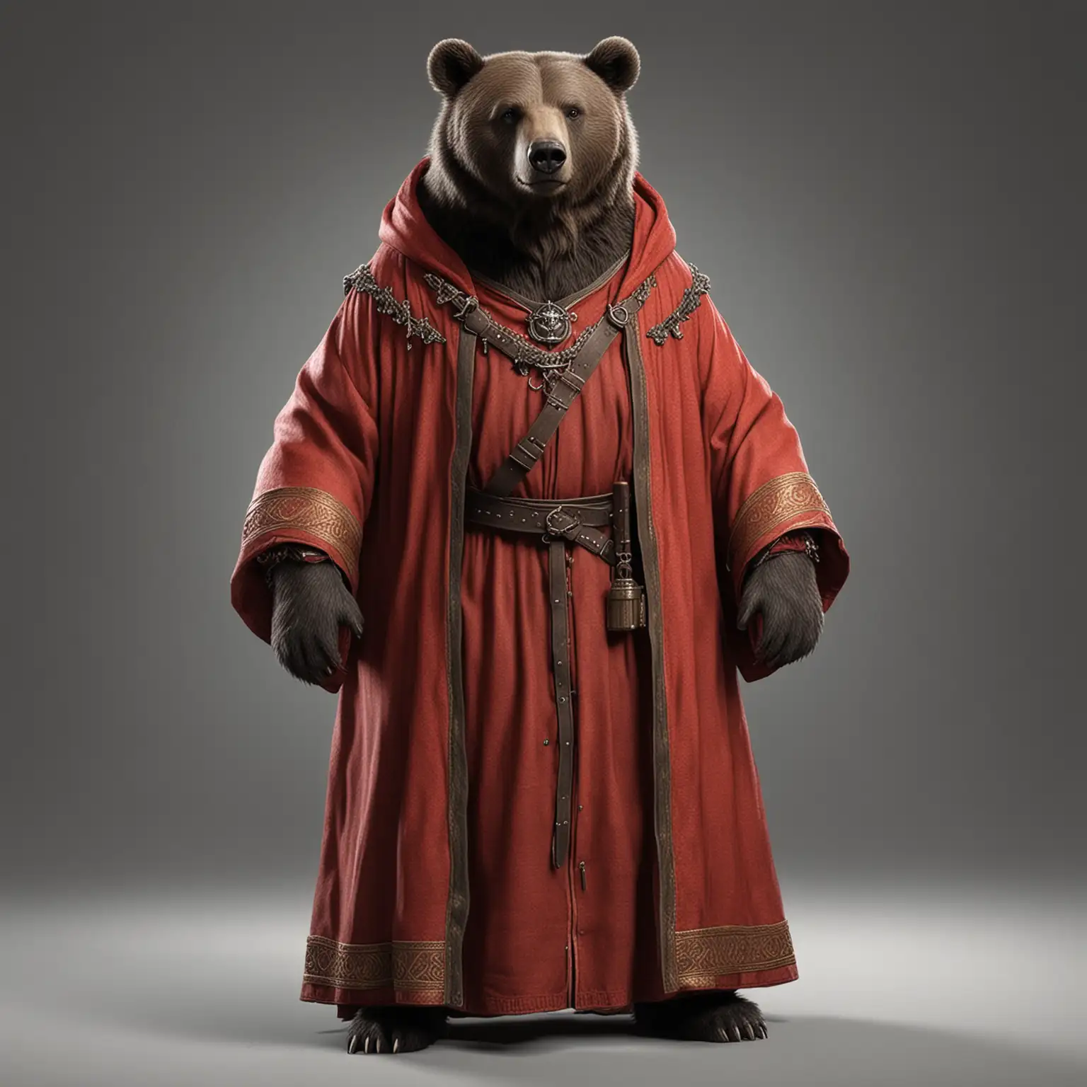 реалистичный медведь-инквизитор в красном средневековом одеянии в полный рост