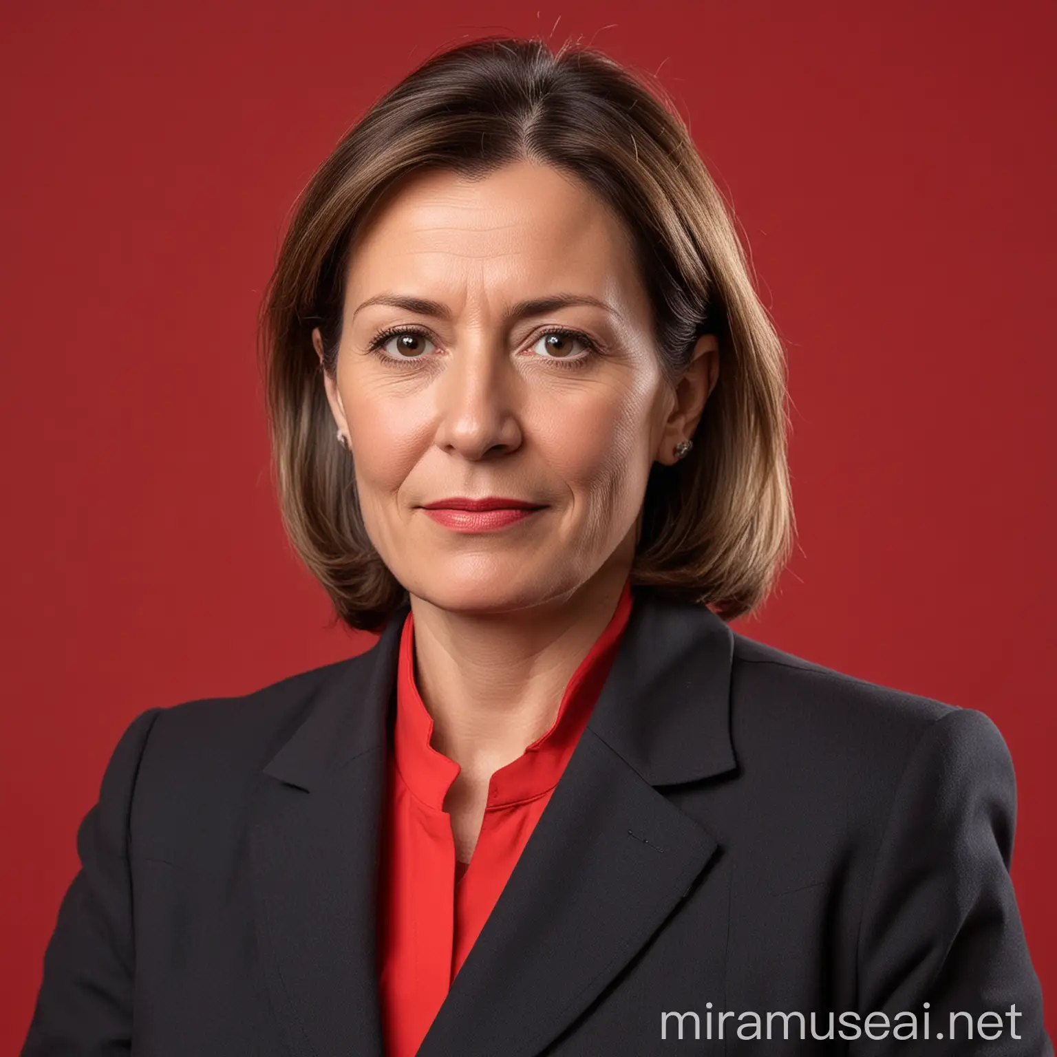 Político mujer   de unos 47 años con fondo rojo