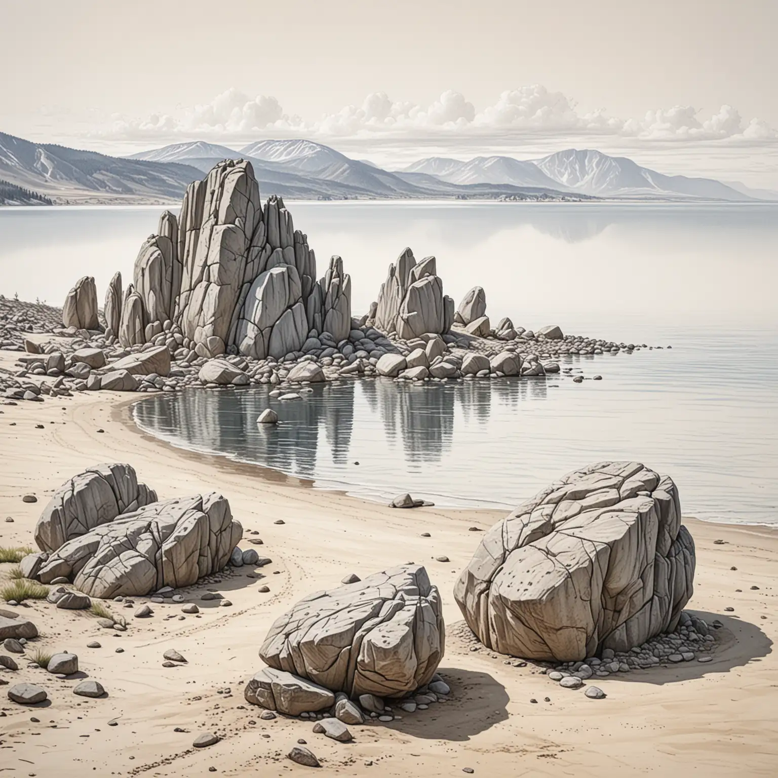 гора состоящая из двух больших глыб слева на  изогнутой песчаной косе берега острова Ольхон озера Байкал, вдали горизонт, рисунок  на белом фоне в стиле карандашной графики, максимально детализированный
