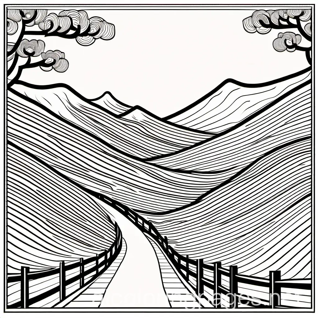 China Landscape, Coloring Page, black and white, line art, white background, Simplicity, Ample White Space. The background of the coloring page is plain white to make it easy for young children to color within the lines. The outlines of all the subjects are easy to distinguish, making it simple for kids to color without too much difficulty