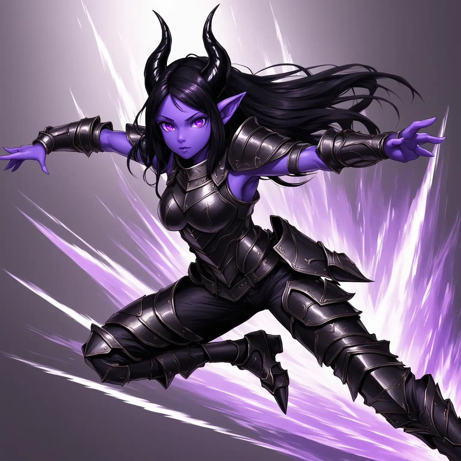 girl, purple eyes, long jet black hair, small pointed ears, adventurer's armor, black pants, purple skin, black horns, dynamic pose