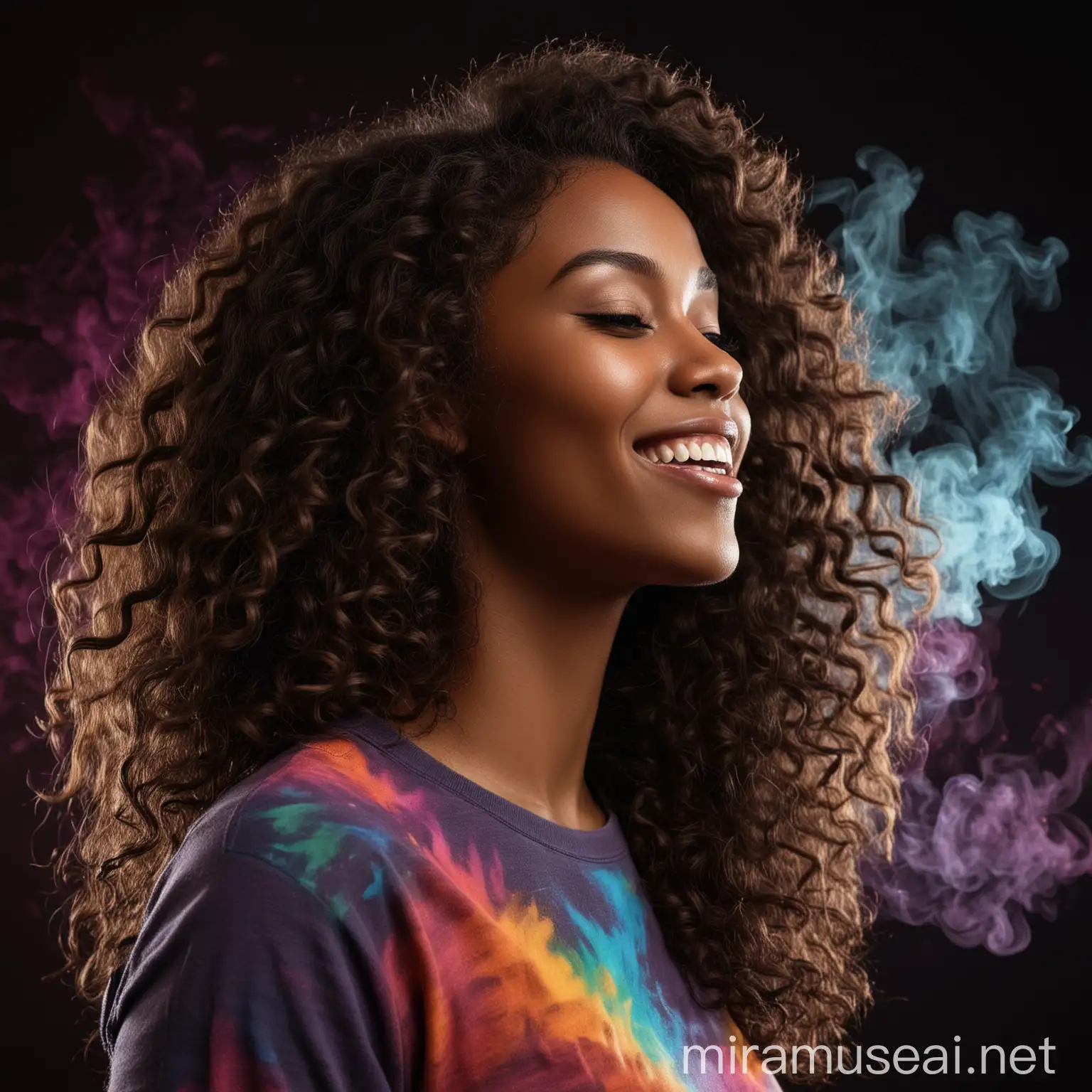 A close-up silhouette portrait from the side of a dark skinned woman with long curly hair. She is wearing a knit tshirt. She is smiling but has her mouth closed. The background is black and there is colorful smoke behind her.