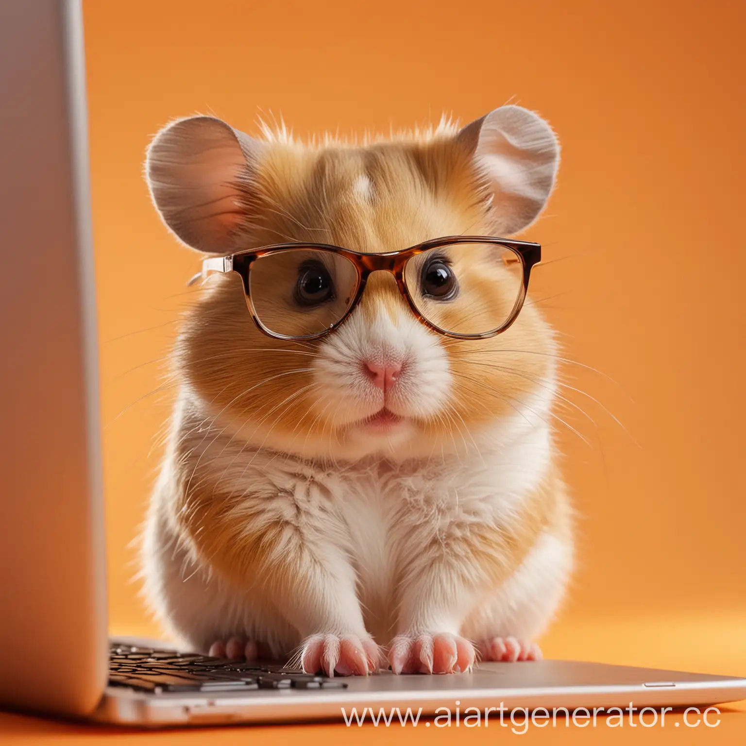 Intelligent-Hamster-Working-on-Computer-Against-Vibrant-Orange-Gradient-Background