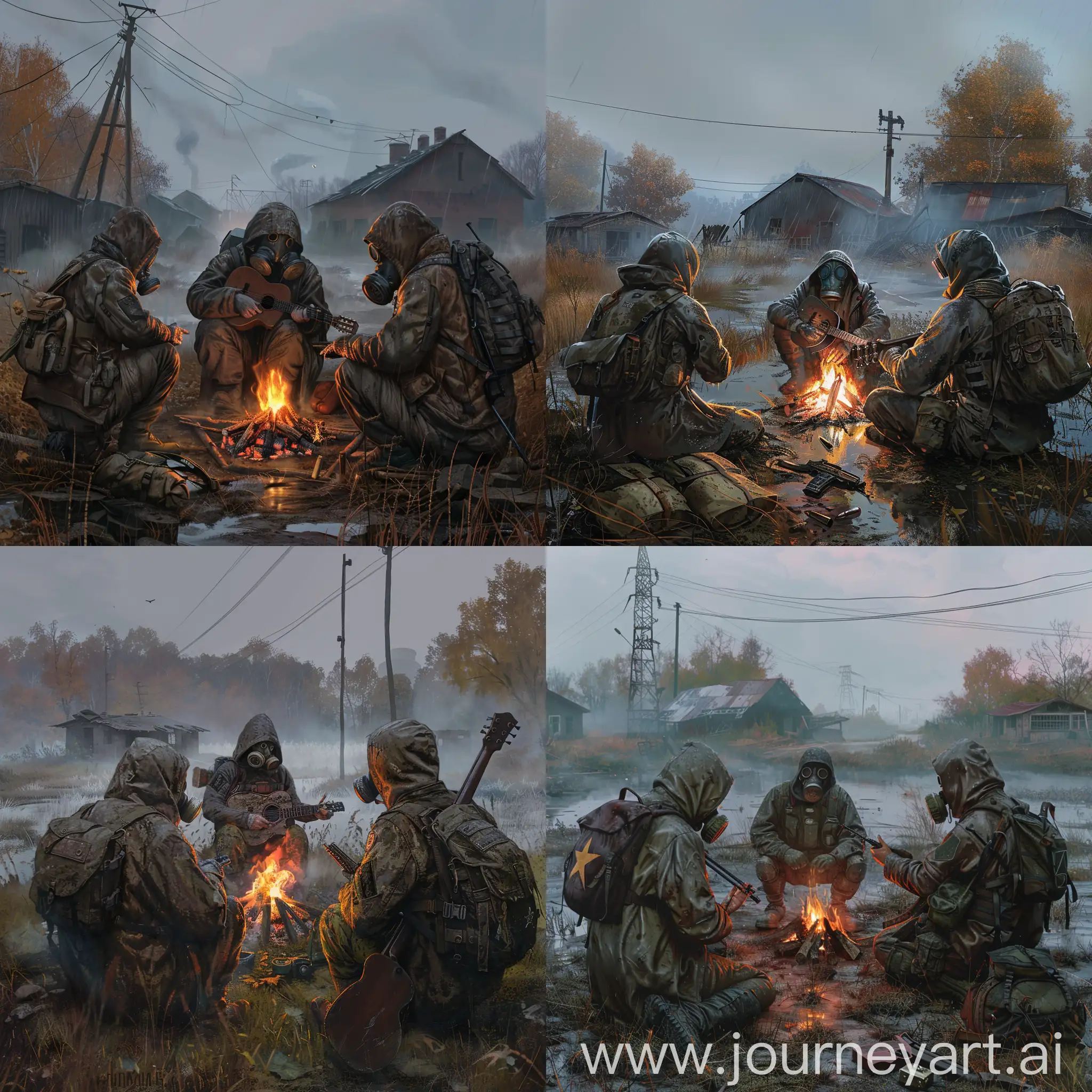 Prompt 3 stalkers sitting by the small campfire, wearing brown/gray jaket or dirty raincoat, gasmask, sniper soviet rifle or pistol, abandoned soviet village, radiation sky, Chernobyl, military vest, small military backpack on the back, gloomy autumn, one of stalkers play in gitar, digital art.