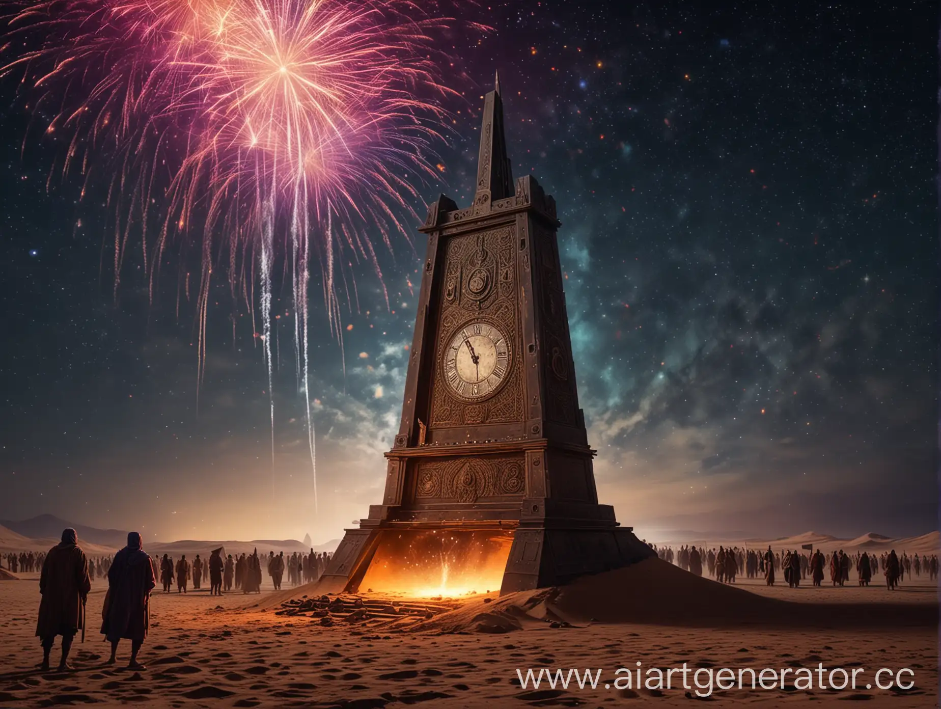 Ancient-Celebration-at-Desert-Guillotine-with-Clocks-and-Dissolving-Figure