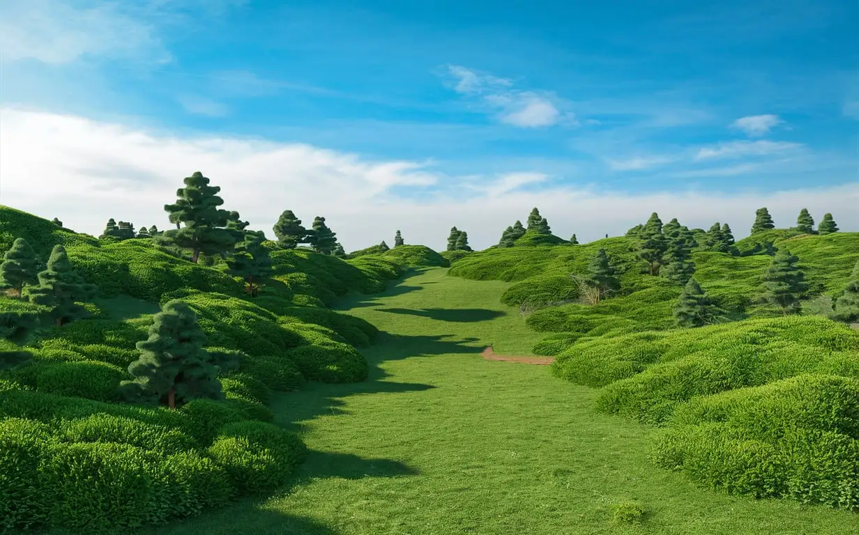 Real image of a huge green land, full of green grass, shrubs and small trees, REALISTIC AND REAL