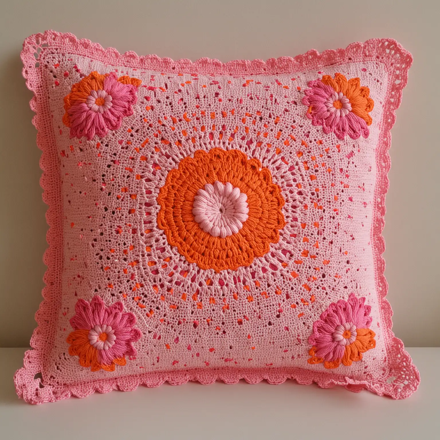 Handmade Crochet Cushion Cover in Vibrant Pink and Orange Colors