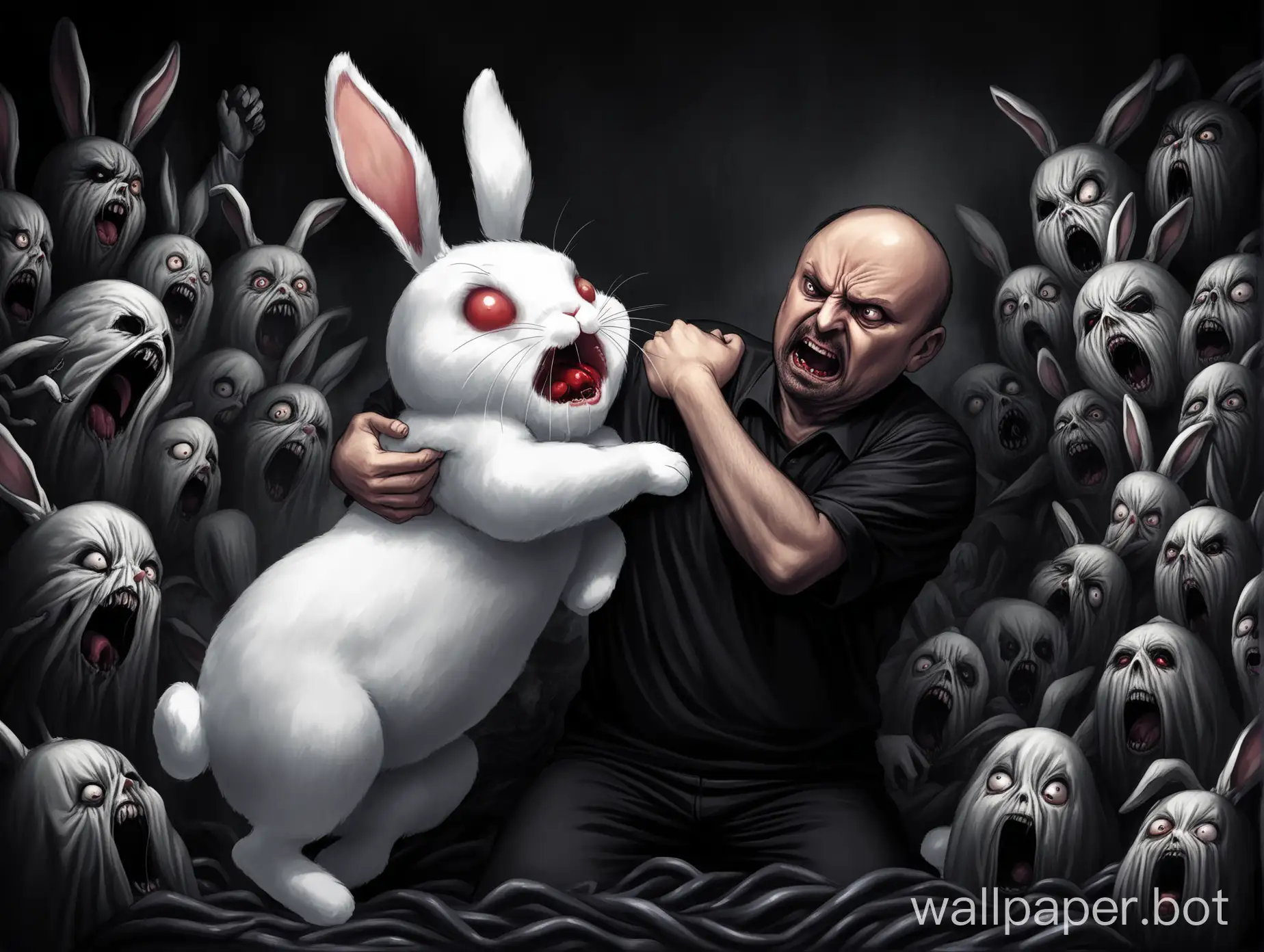 Scared rabbit being  squeezed and squashed by its dark and scary evil owner.