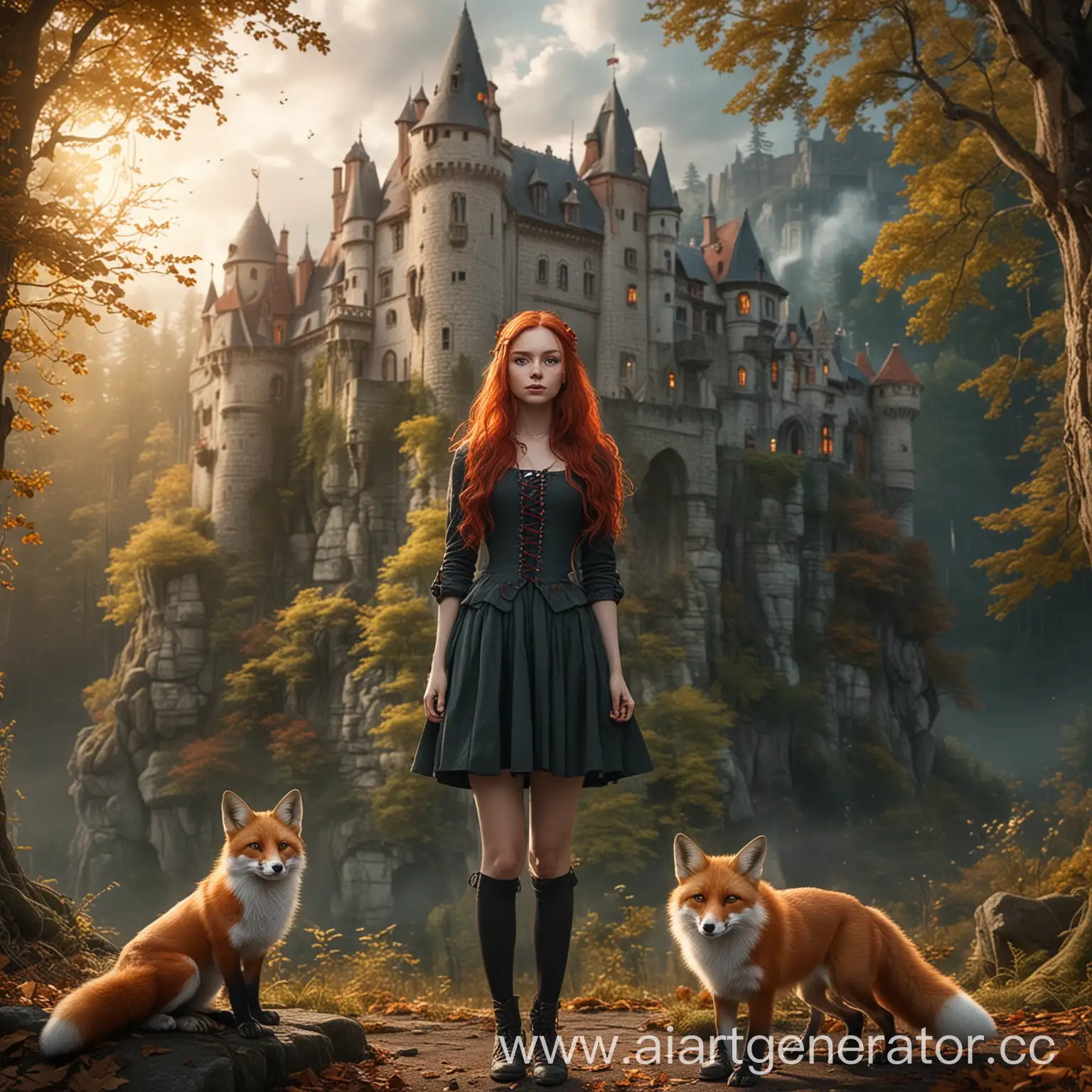 На фоне замок в лесу, девушка с рыжими волосами и ее магическое животное Лиса, формат изображения 1280х720

