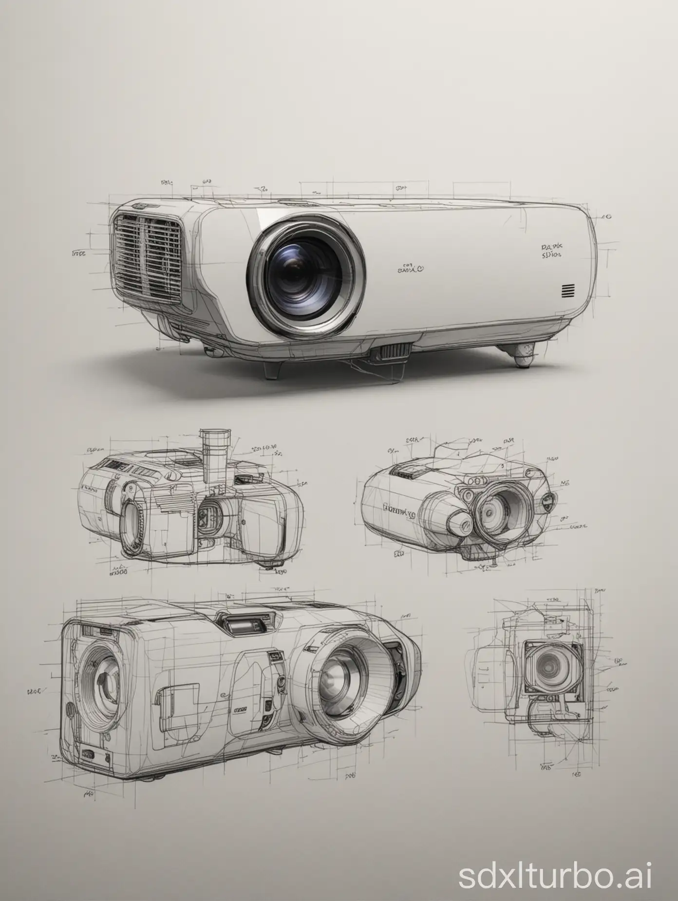 16k,Industrial design sketches + product life cycle + brainstorming, Fashion Embedded projector sketch, odern minimalist + high-end texture, streamlined， high detailed, ultra-detailed，white  projector sketch