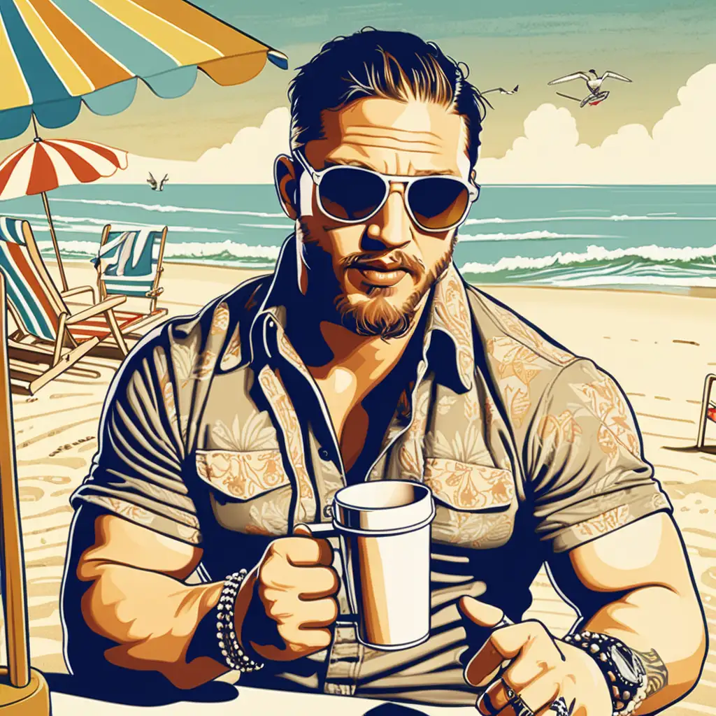 Tom Hardy Enjoying Beach Time with Retro Style Cup and Sunglasses
