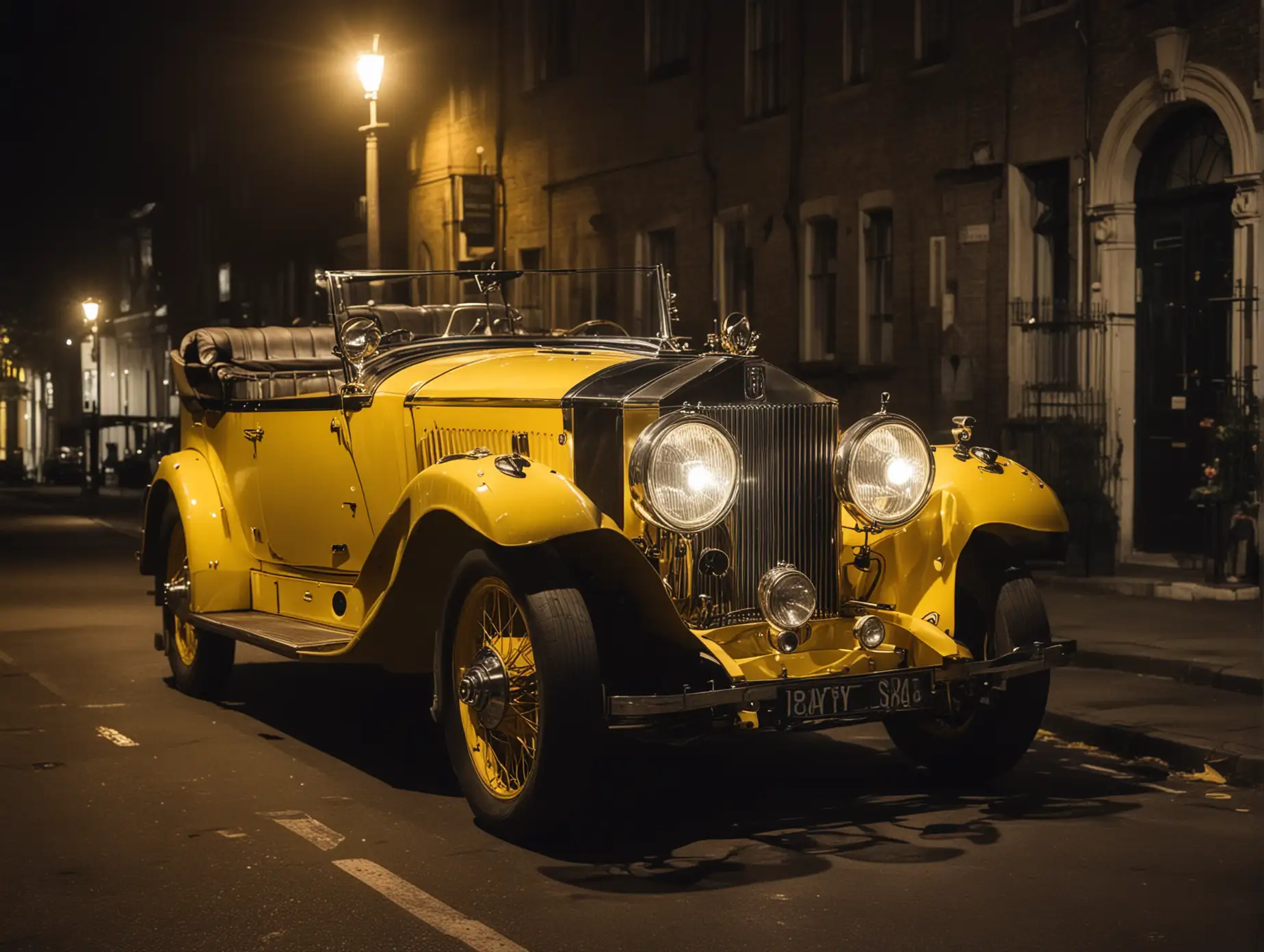 A yellow 1920s Rolls Royce at night