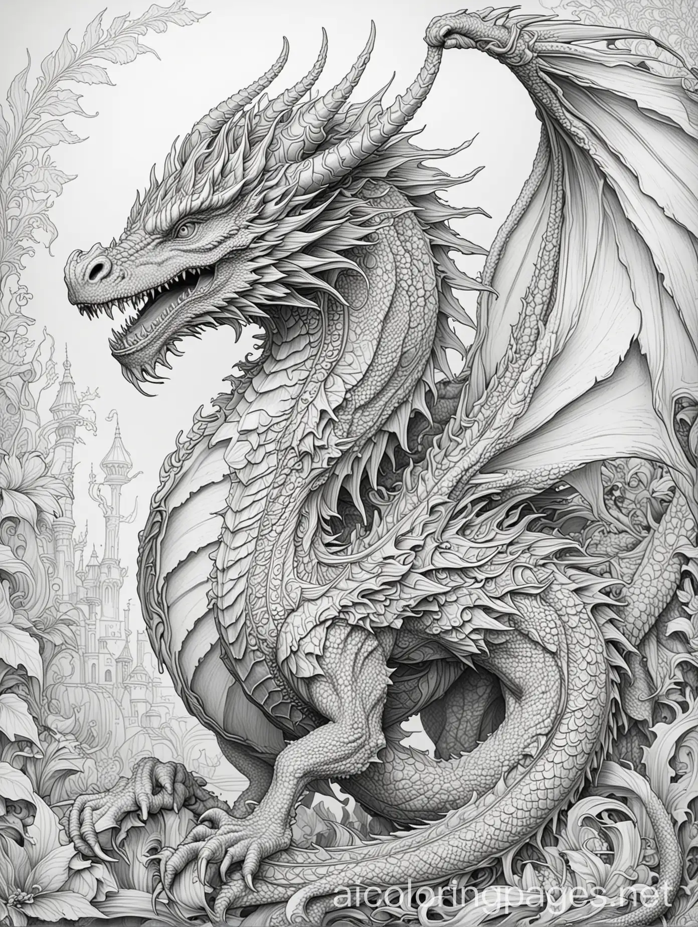 elaborate and intricate detailed regal full Vishap Dragon for adult coloring book, Coloring Page, black and white, line art, white background, Simplicity, Ample White Space. The background of the coloring page is plain white to make it easy for young children to color within the lines. The outlines of all the subjects are easy to distinguish, making it simple for kids to color without too much difficulty