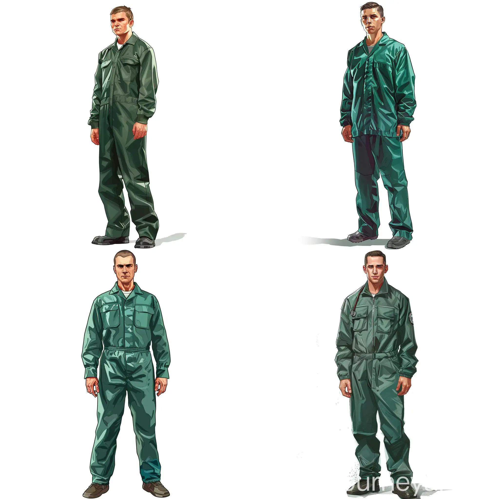 Draw a young thin doctor man in a full-length green medical suit in the style of the GTA 5 computer game, white background
