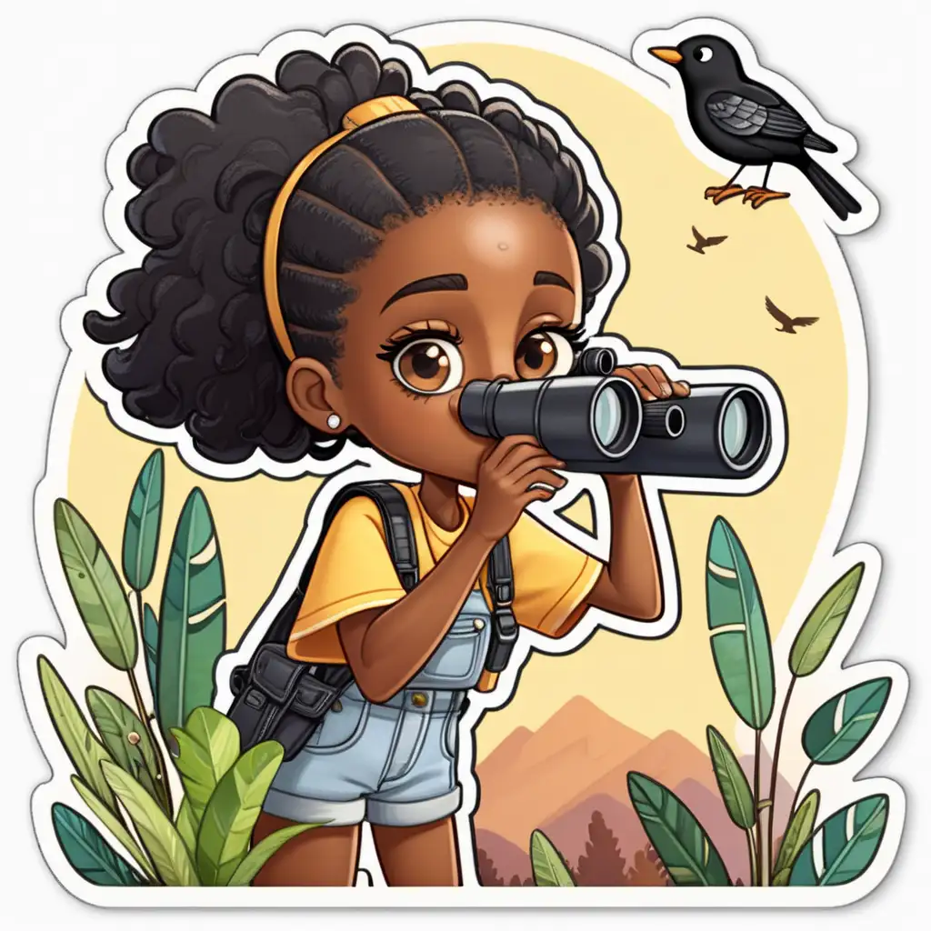 A cute cartoon sticker image of Black girl bird watching with a pair of binoculars