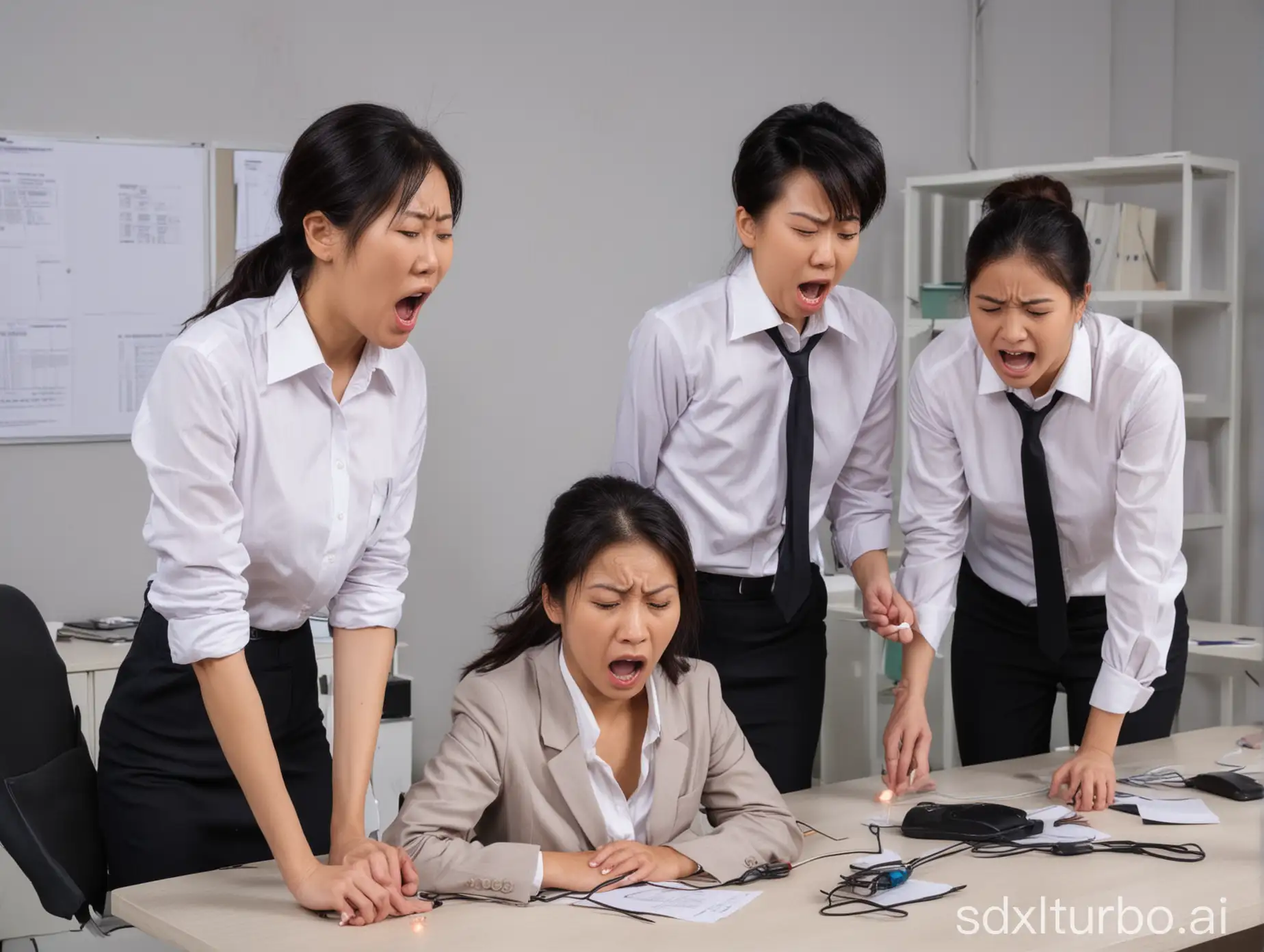 a Asian woman in office attire was struck by an electric shock in the office, the woman is in pain and three colleagues of a boy are looking on in panic