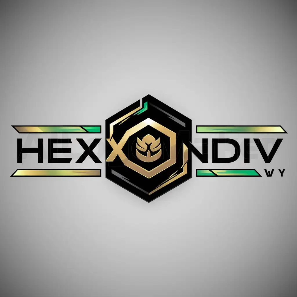 a logo design,with the text "Hexxondiv", main symbol:[hexagon, dofus, gaming, black, green, golden, logo],Moderate,be used in tech hub industry,clear background