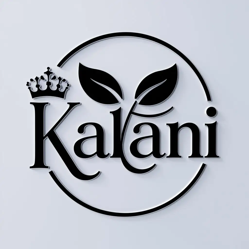 a logo design,with the text "KALANI", main symbol:with a crown on the K and and two leaves above the i. all this in a round  with white background,Moderate,clear background