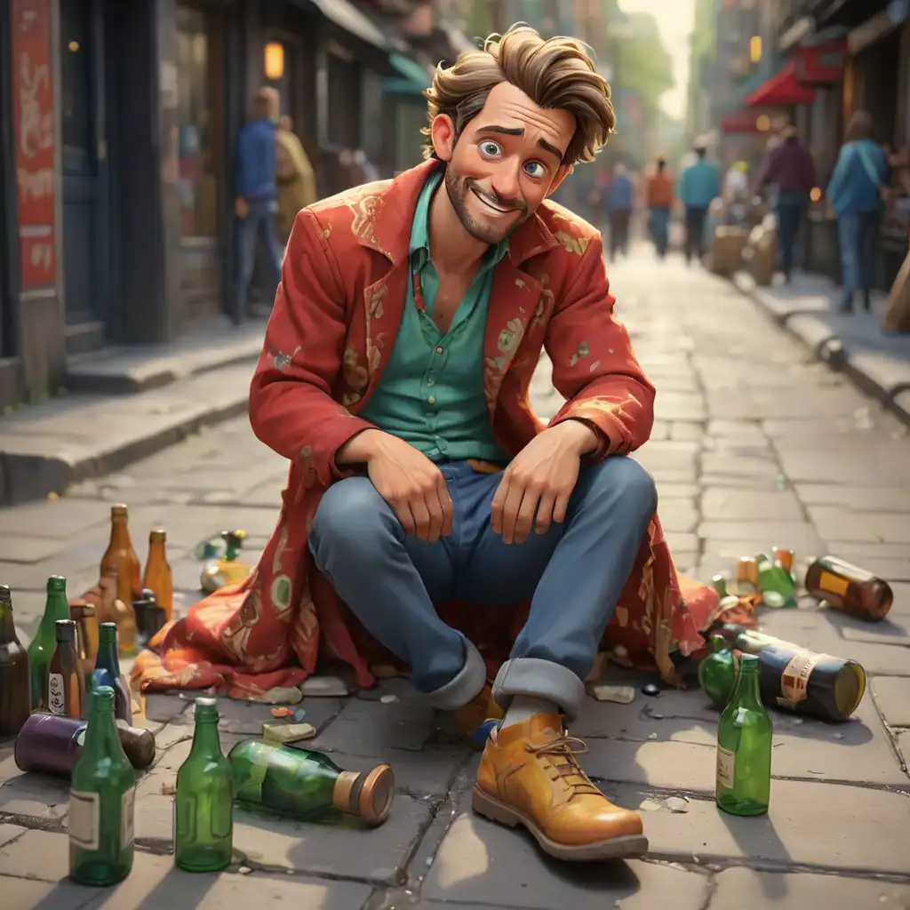Cartoon-Drunk-Man-Sitting-on-Lively-Street-with-Bottles