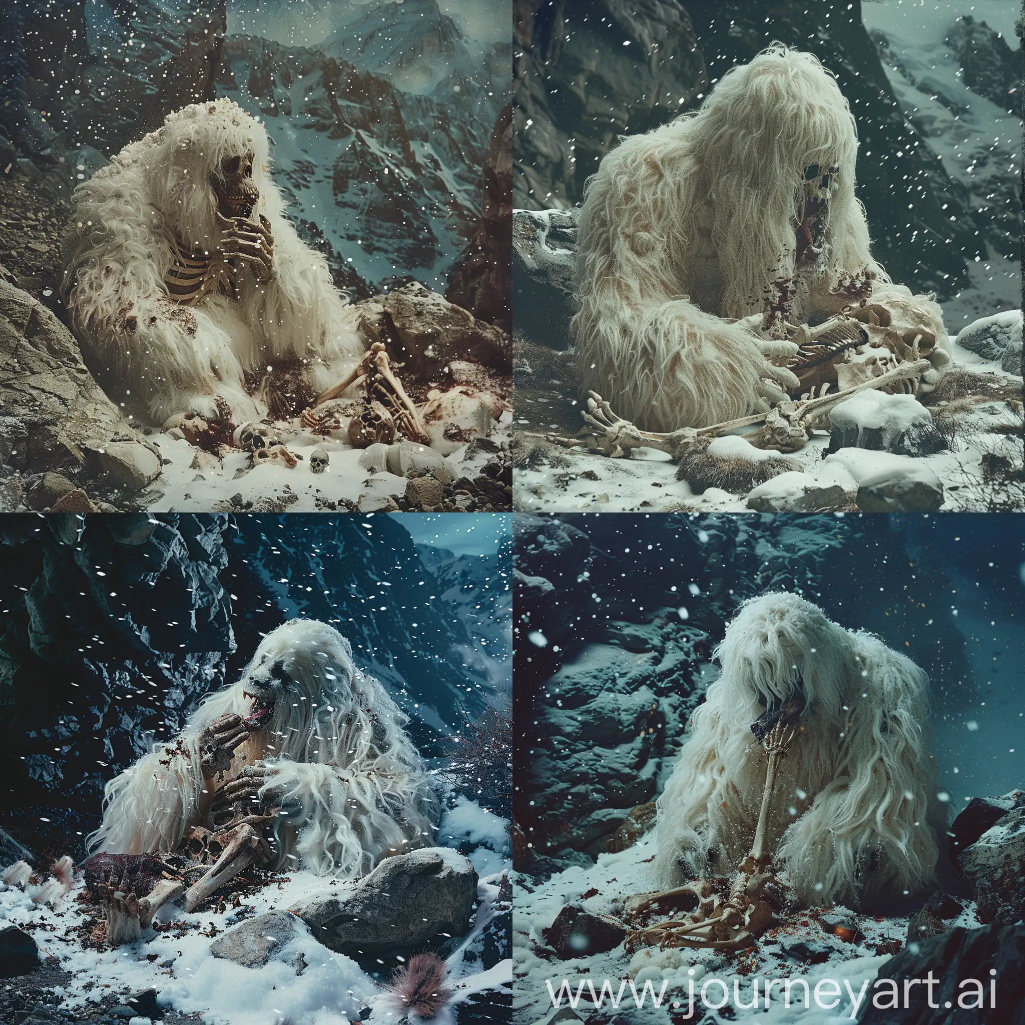 Yeti, Abominable Snowman, long white fur, snowy environment, cave, snow-covered rock, eating skeletal remains, bones, flesh, dark setting, snowflakes falling, mountains background, 80s vibe, retro colors, film grain, vintage photo filter