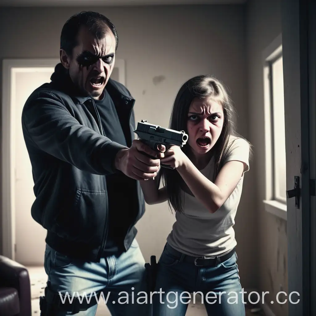A criminal holding a gun has taken a girl hostage and is threatening her with the weapon