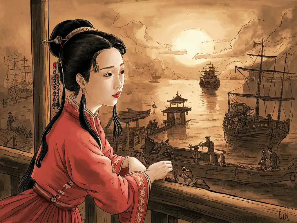 Since I became a merchant’s wife,I’ve in his absence passed my life.A sailor comes home with the tide,I should have been a sailor’s bride. This happened in ancient China.