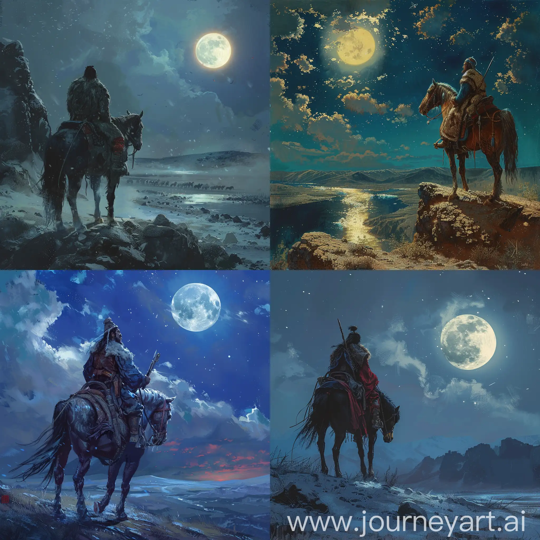 Mongolian-Khan-on-Horseback-Gazing-at-Moonlight
