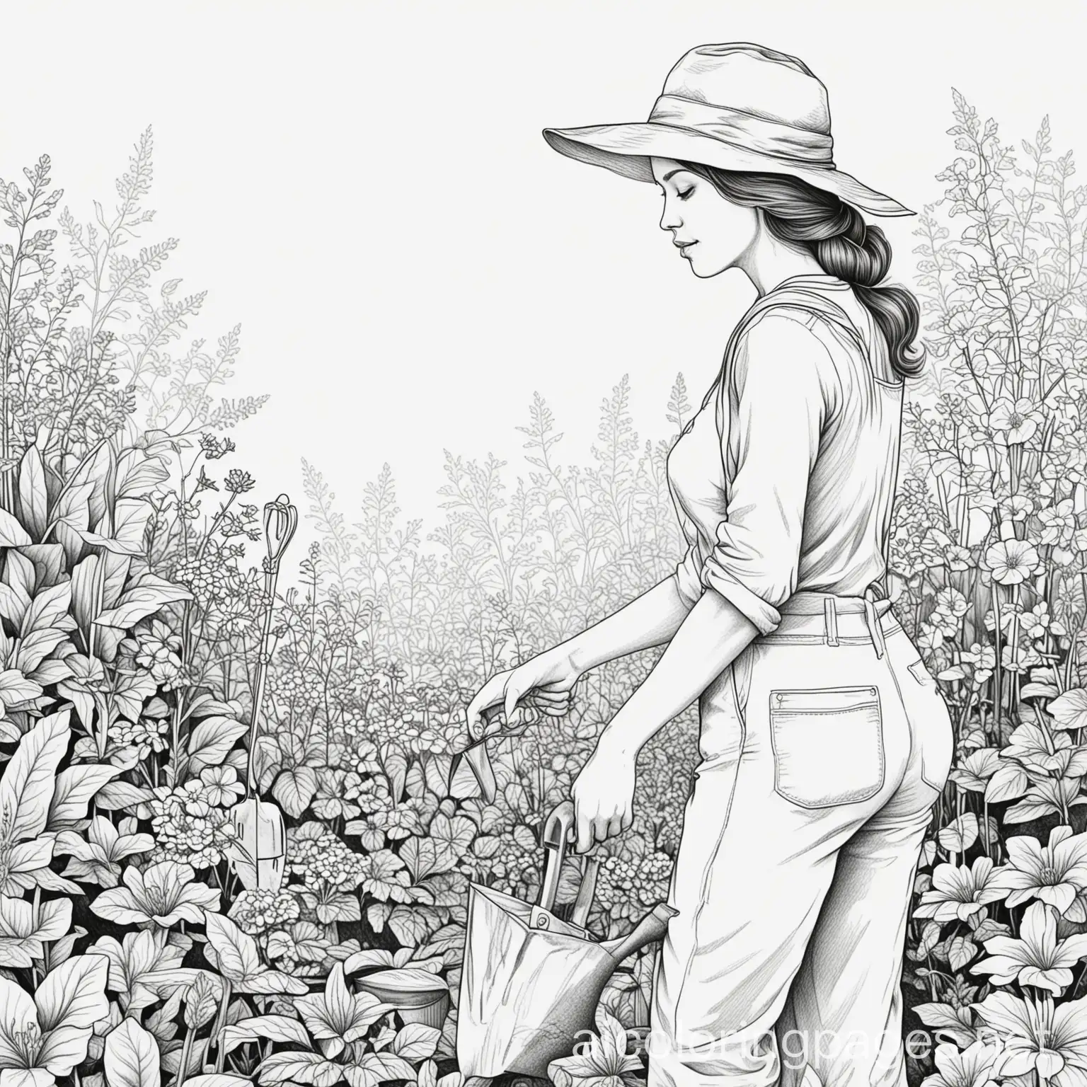 COLORING PAGE OF WOMAN gardening, Coloring Page, black and white, line art, white background, Simplicity, Ample White Space. The background of the coloring page is plain white to make it easy for young children to color within the lines. The outlines of all the subjects are easy to distinguish, making it simple for kids to color without too much difficulty