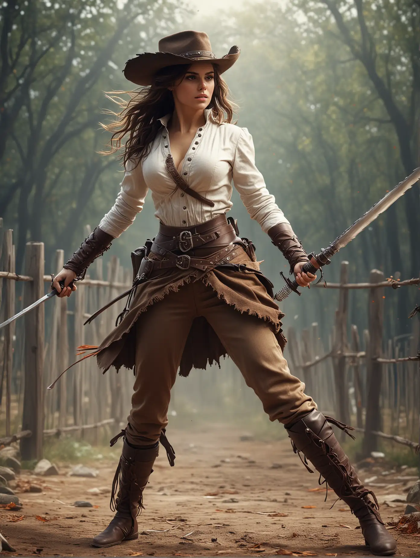 Whimsical, create an image of a beauty european girl, brunette hair, curvy, dynamic battle pose, holding fencing sword, cosplaying as The Lone Ranger character. Fantasy theme, colorful organic shape, moody lightinh, hyper-detailed, ultra HD.